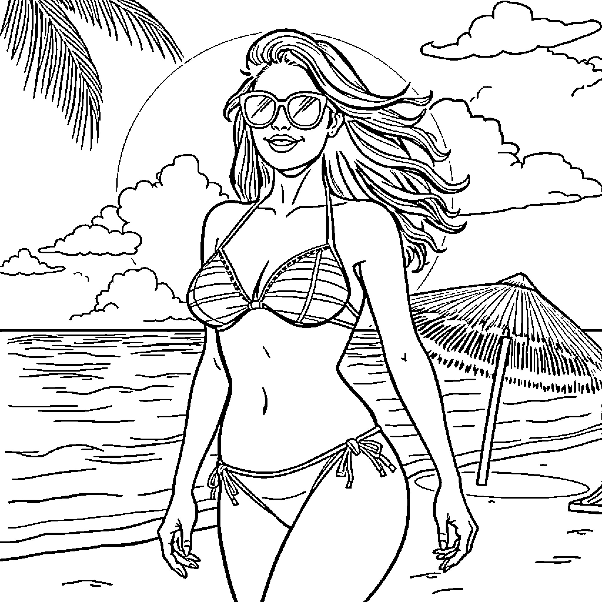 Bikini-clad Woman Enjoying Beach Scenery Coloring Page (free black-and-white line drawing printable PDF for all, from beginners to advanced learners, including children, teens, adults, and seniors)