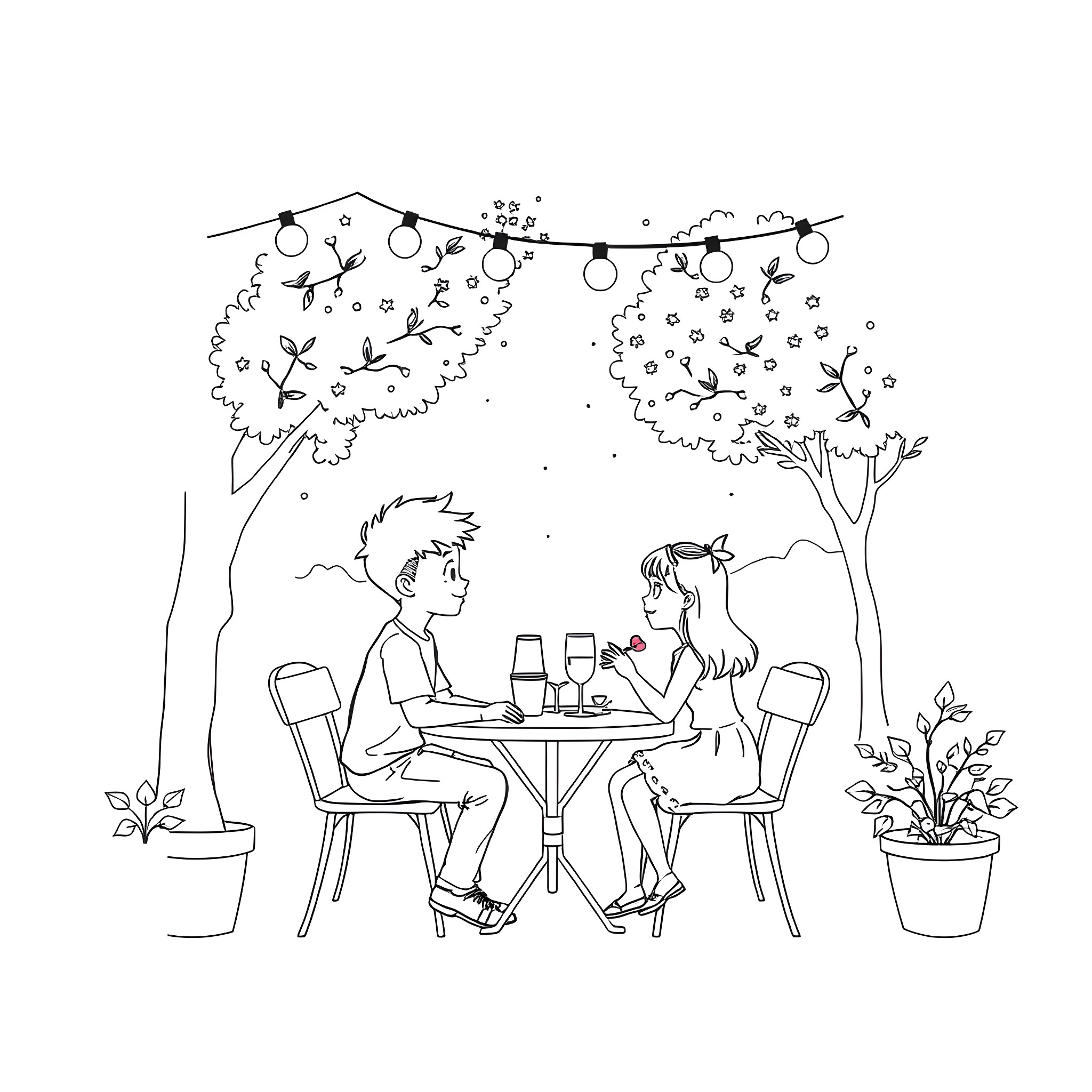 Date night under the fairy lights Coloring Page (free black-and-white line drawing printable PDF for all, from beginners to advanced learners, including children, teens, adults, and seniors)