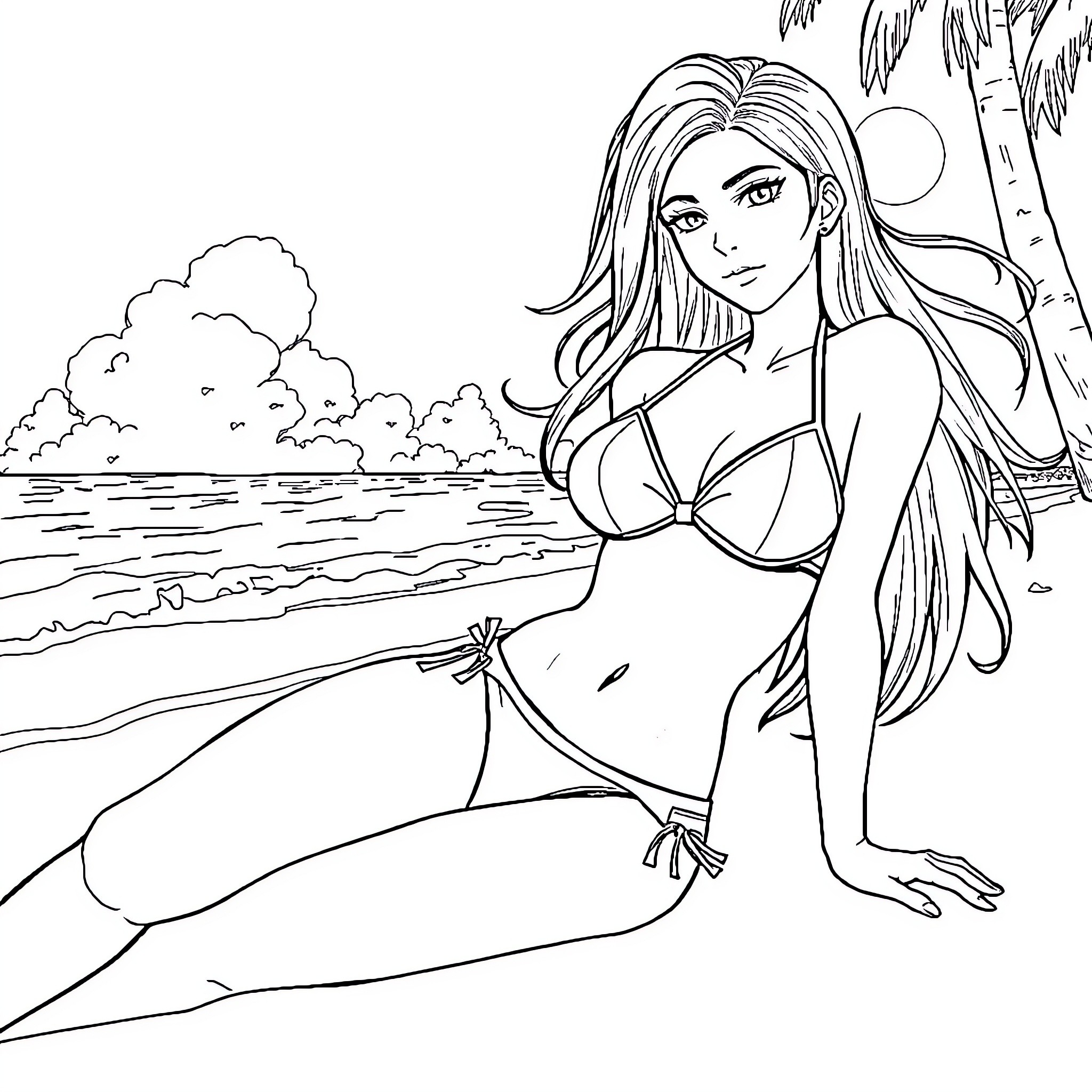 Tifa relaxing on the beach Coloring Page (free black-and-white line drawing printable PDF for all, from beginners to advanced learners, including children, teens, adults, and seniors)