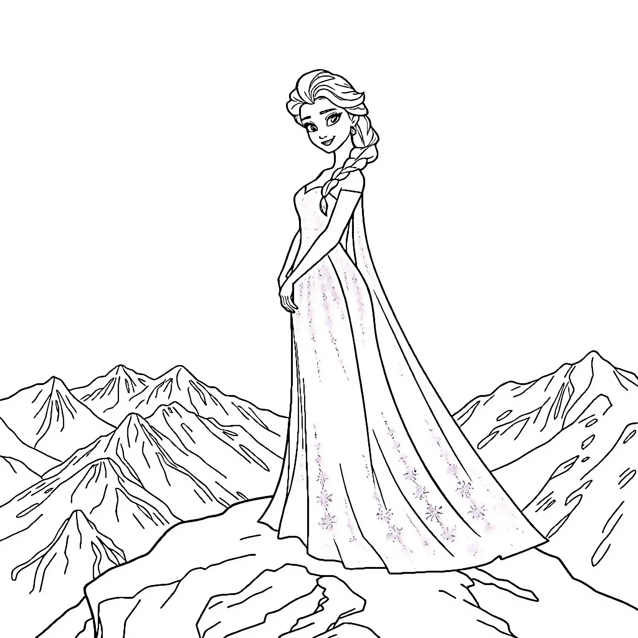Princess admiring the snowy mountain landscape Coloring Page (free black-and-white line drawing printable PDF for all, from beginners to advanced learners, including children, teens, adults, and seniors)