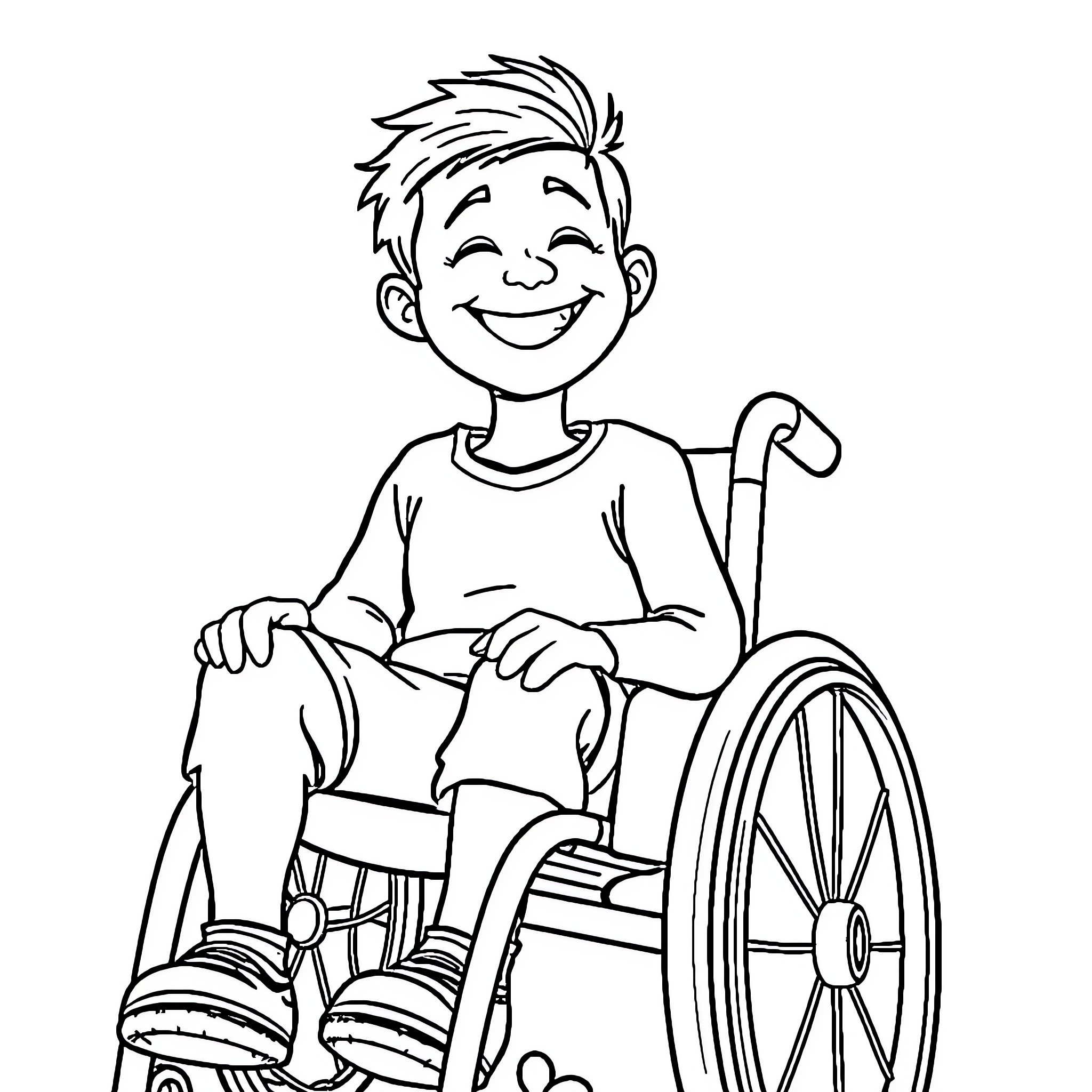 Person in wheelchair smiling happily Coloring Page (free black-and-white line drawing printable PDF for all, from beginners to advanced learners, including children, teens, adults, and seniors)