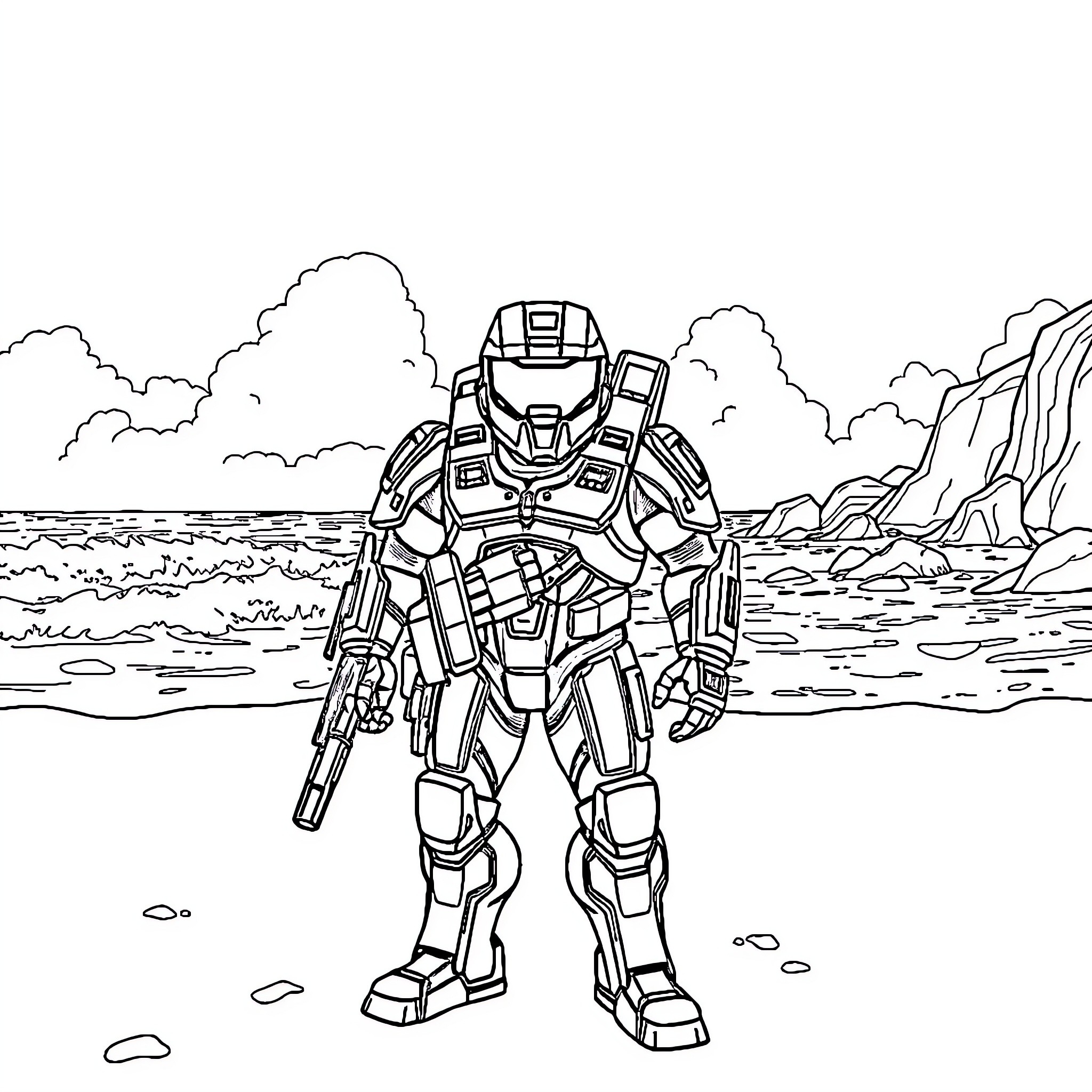 Master Chief in Futuristic Armor on Alien Landscape Coloring Page (free black-and-white line drawing printable PDF for all, from beginners to advanced learners, including children, teens, adults, and seniors)