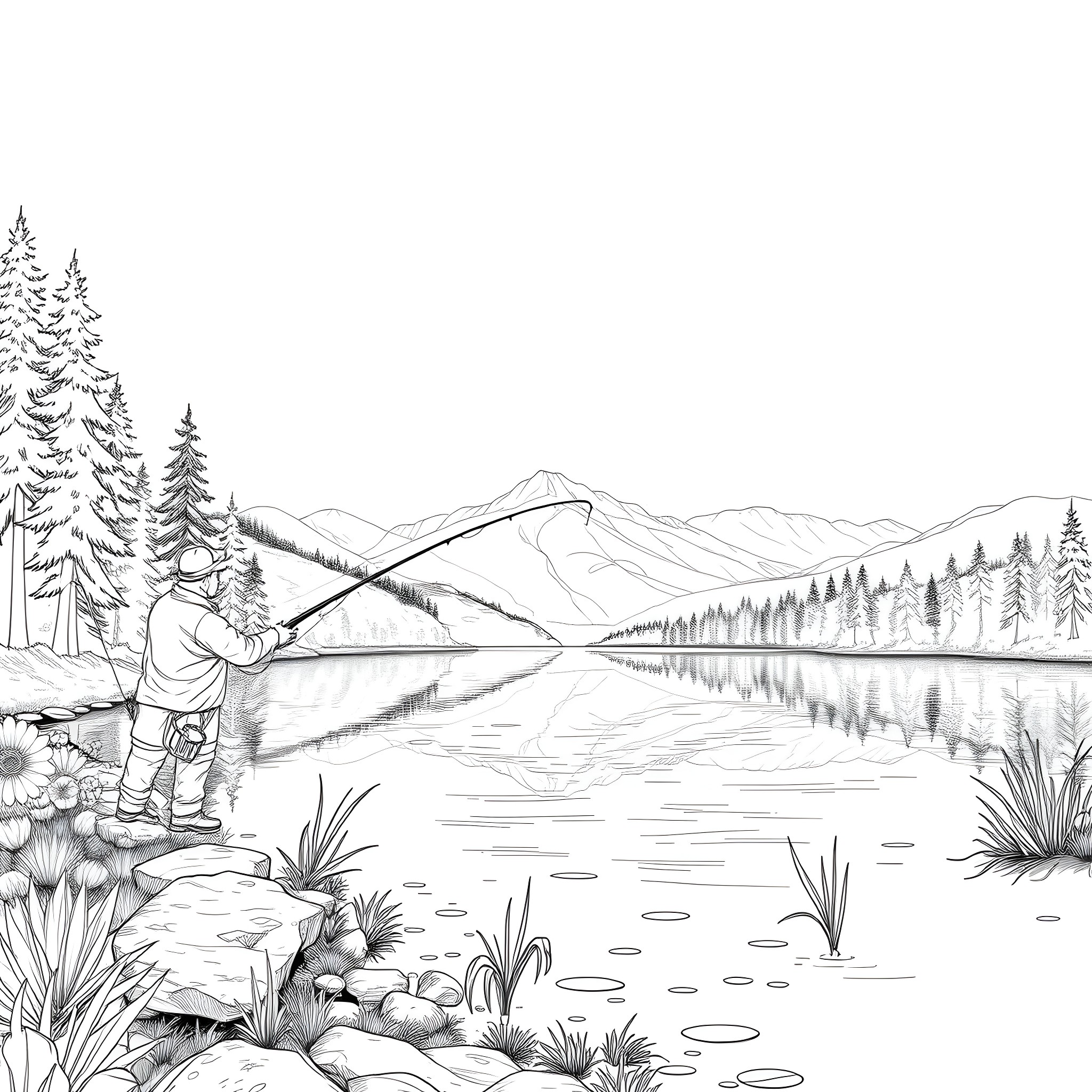 Fishing in serene mountain landscape Coloring Page (free black-and-white line drawing printable PDF for all, from beginners to advanced learners, including children, teens, adults, and seniors)