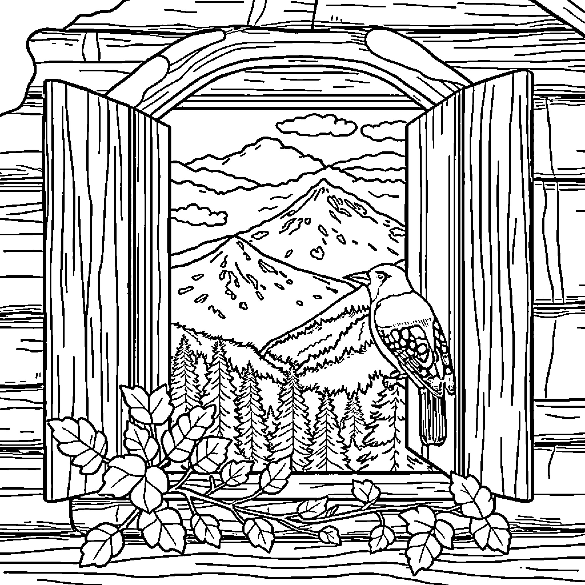 Ladybug admiring the scenic mountain view through the cabin window Coloring Page (free black-and-white line drawing printable PDF for all, from beginners to advanced learners, including children, teens, adults, and seniors)