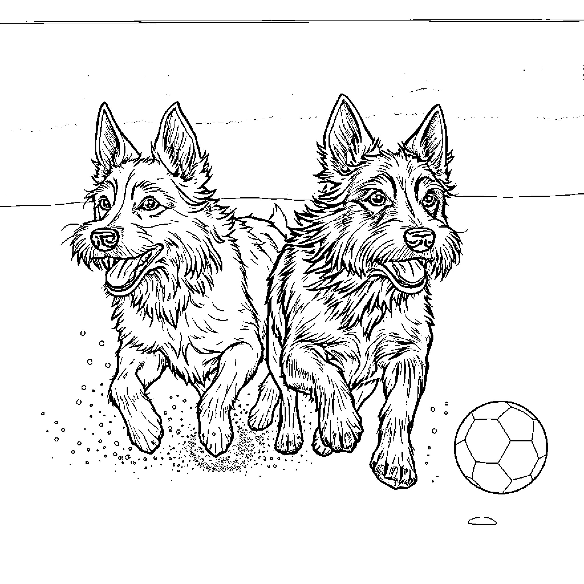 Perro playing with soccer ball in the park Coloring Page (free black-and-white line drawing printable PDF for all, from beginners to advanced learners, including children, teens, adults, and seniors)
