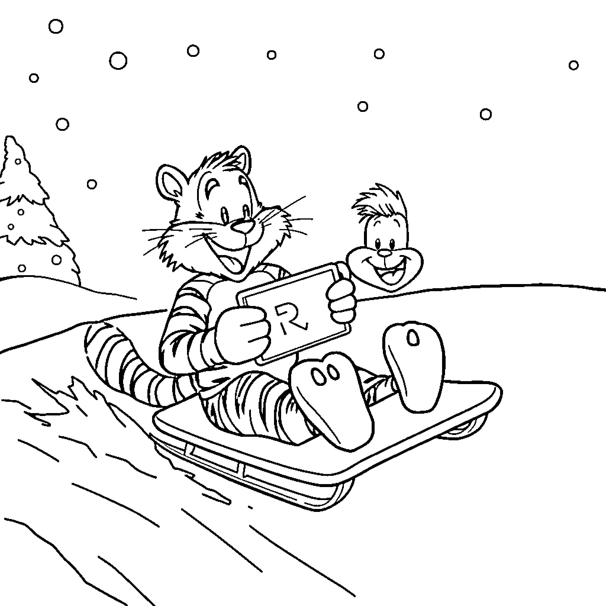 Calvin and Hobbes sledding on a snowy day Coloring Page (free black-and-white line drawing printable PDF for all, from beginners to advanced learners, including children, teens, adults, and seniors)