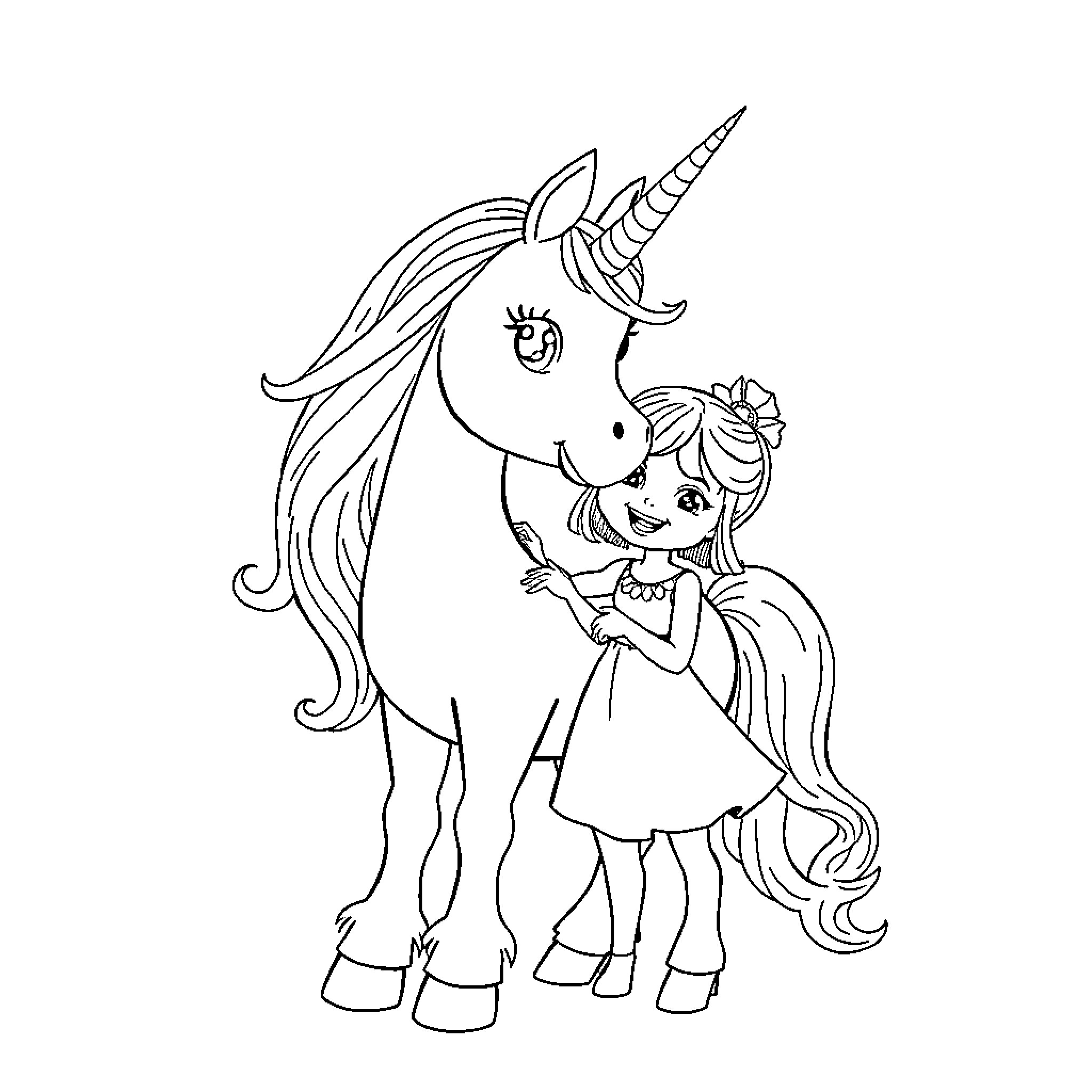 Unicorn princess with her magical companion Coloring Page (free black-and-white line drawing printable PDF for all, from beginners to advanced learners, including children, teens, adults, and seniors)
