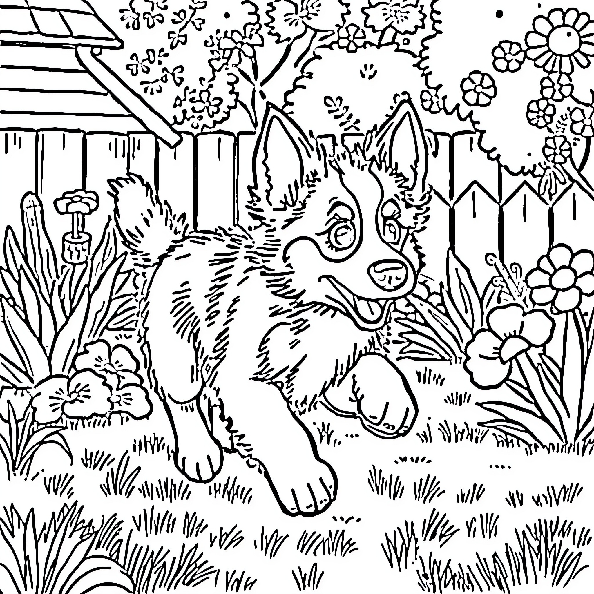 Bluey exploring the enchanting garden Coloring Page (free black-and-white line drawing printable PDF for all, from beginners to advanced learners, including children, teens, adults, and seniors)