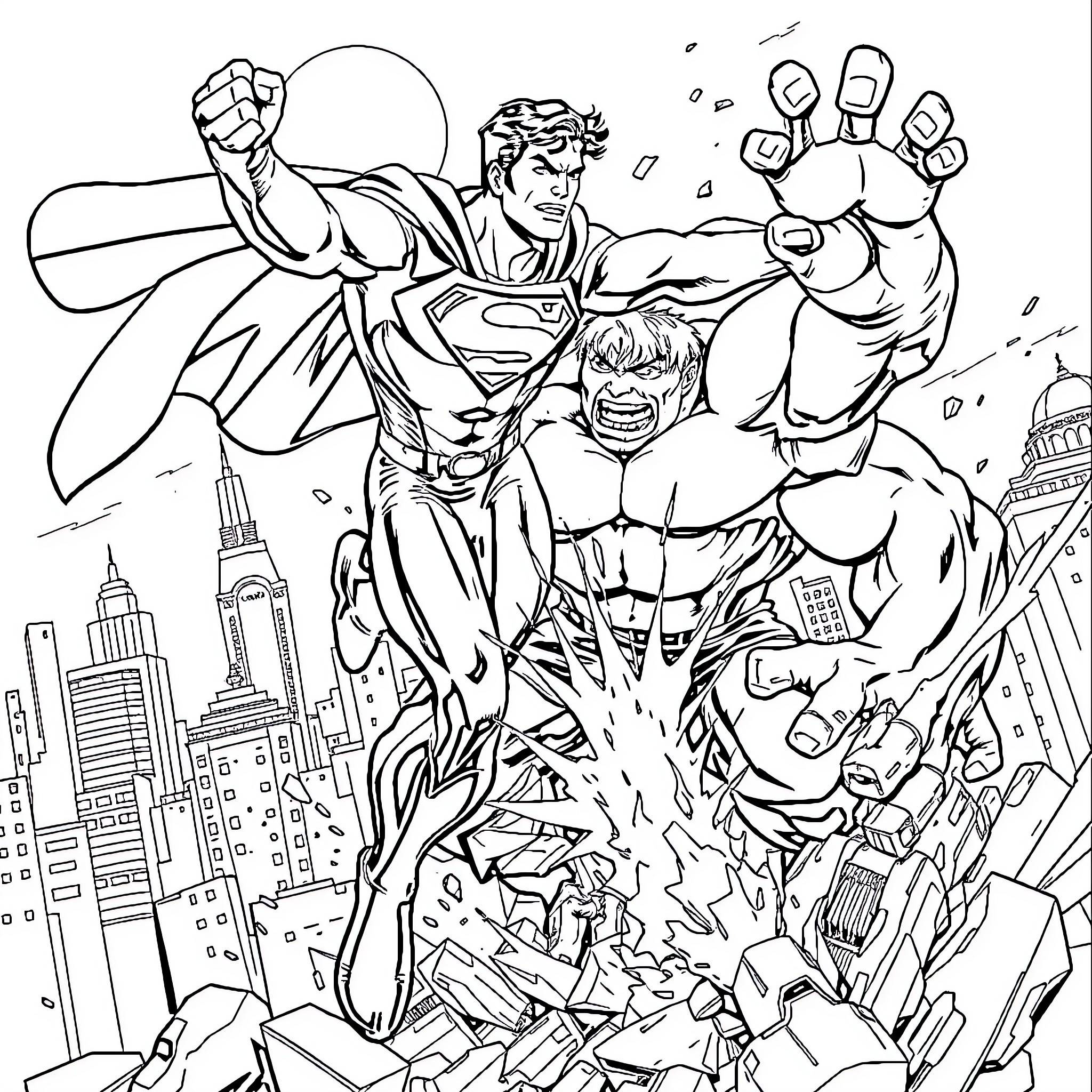 Superman and Hulk battling over the city Coloring Page (free black-and-white line drawing printable PDF for all, from beginners to advanced learners, including children, teens, adults, and seniors)