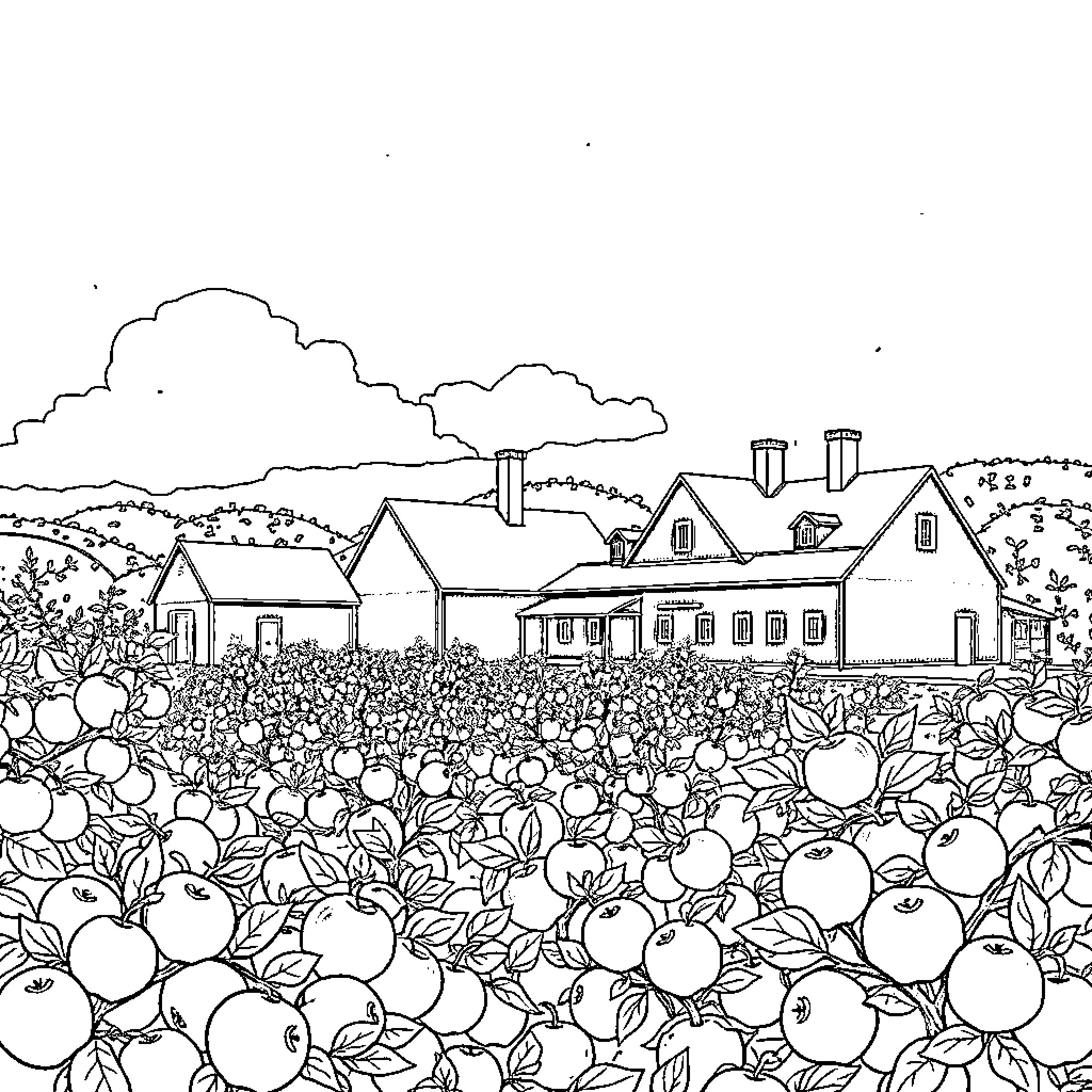 Cider Mill Farm with Apples and Countryside Buildings Coloring Page (free black-and-white line drawing printable PDF for all, from beginners to advanced learners, including children, teens, adults, and seniors)
