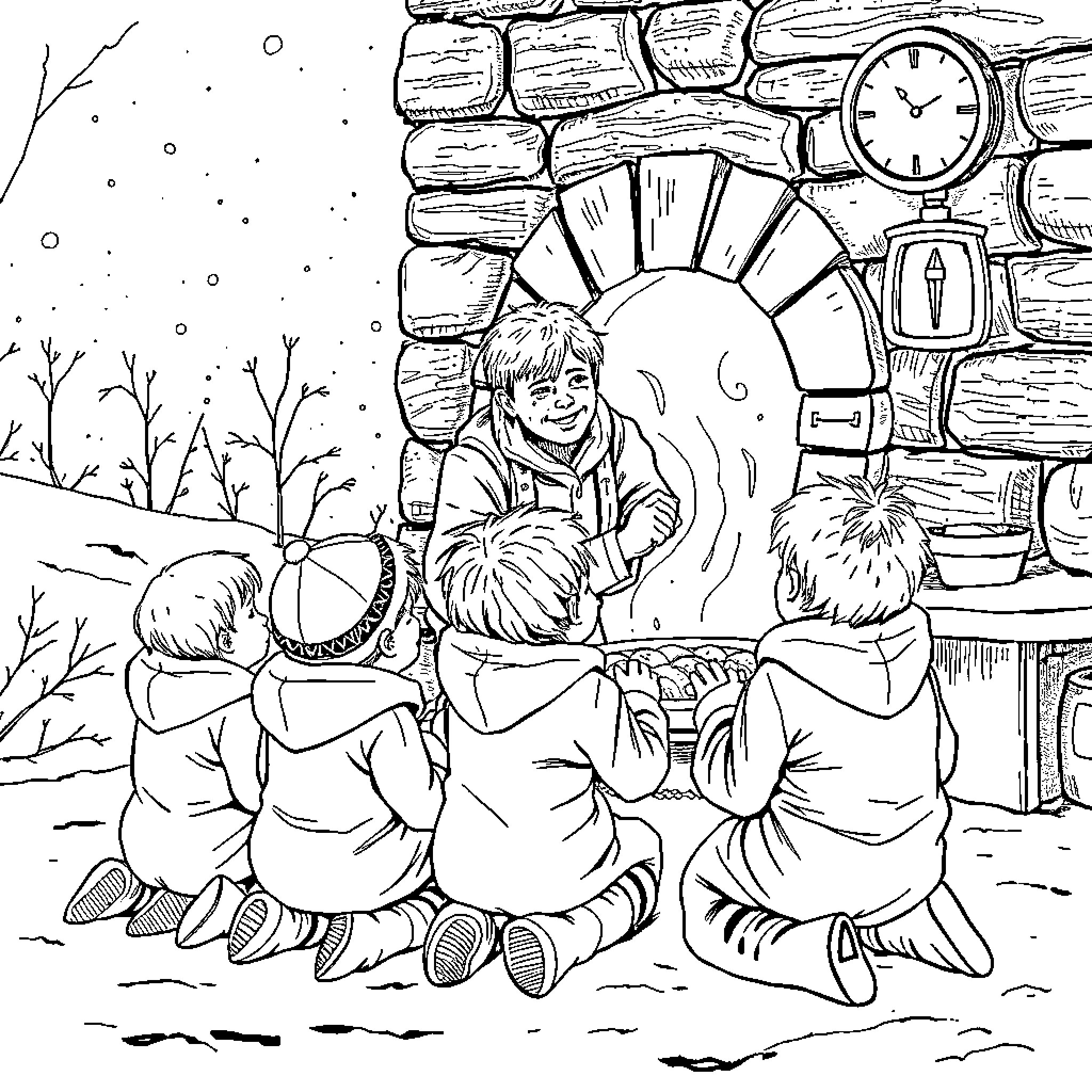 Children gathered around a cozy fireplace Coloring Page (free black-and-white line drawing printable PDF for all, from beginners to advanced learners, including children, teens, adults, and seniors)
