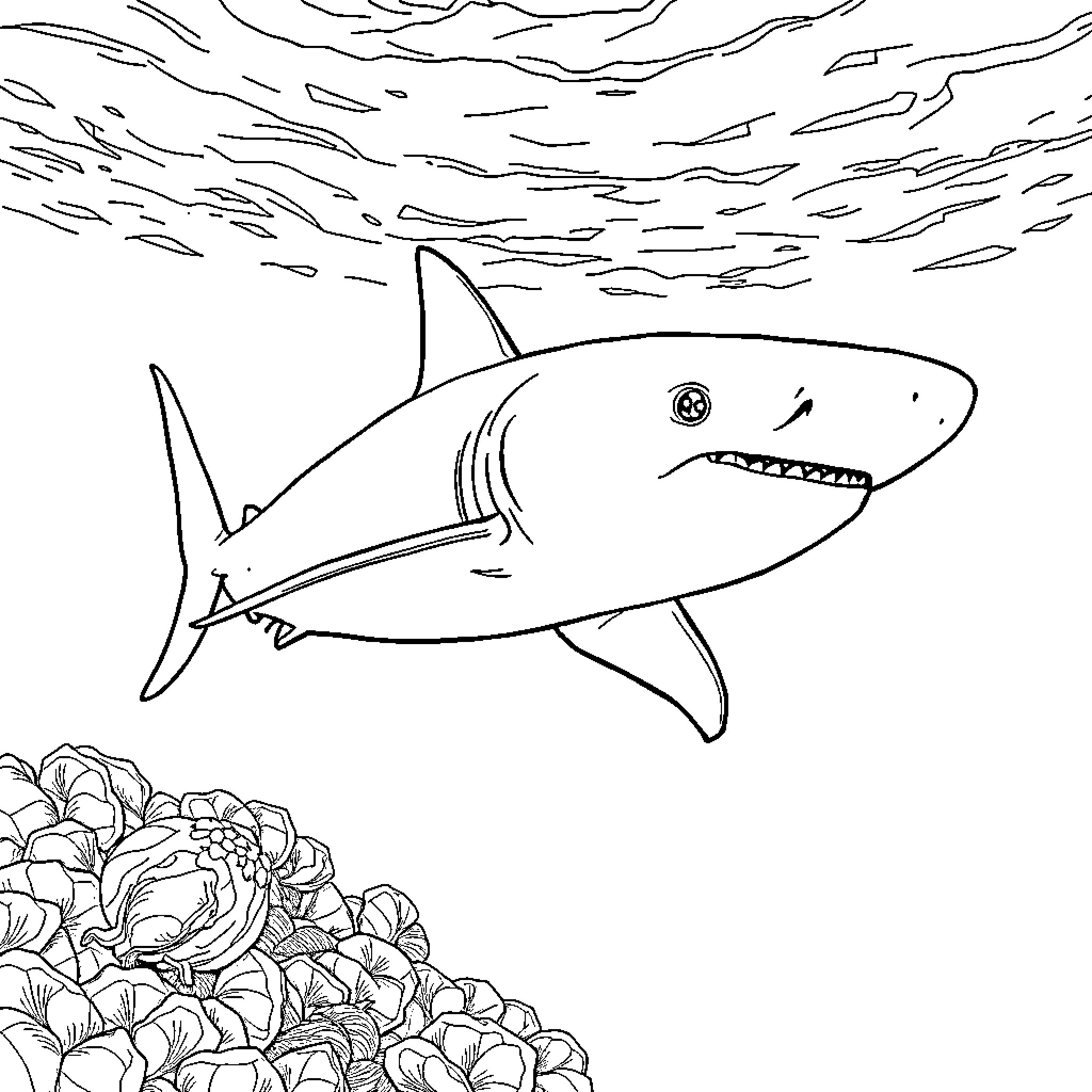 Shark swimming through the ocean Coloring Page (free black-and-white line drawing printable PDF for all, from beginners to advanced learners, including children, teens, adults, and seniors)