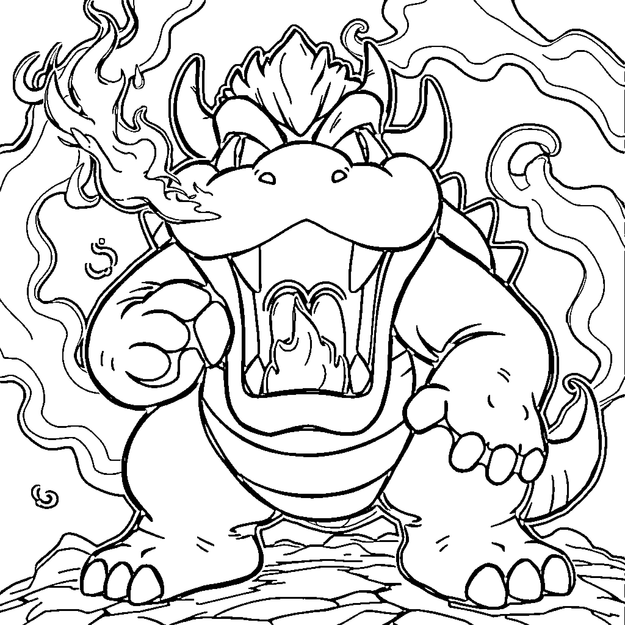 Bowser unleashing fiery rage Coloring Page (free black-and-white line drawing printable PDF for all, from beginners to advanced learners, including children, teens, adults, and seniors)