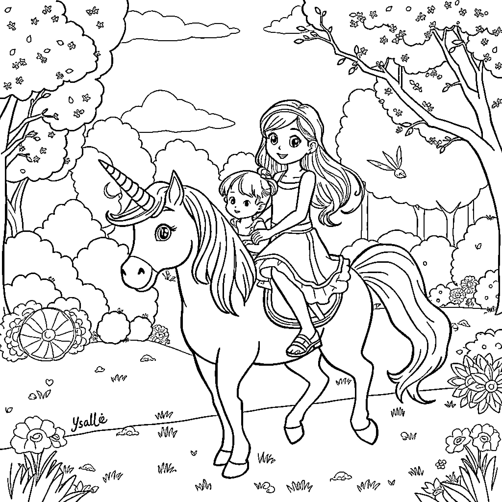Unicorn and rider explore magical forest landscape Coloring Page (free black-and-white line drawing printable PDF for all, from beginners to advanced learners, including children, teens, adults, and seniors)
