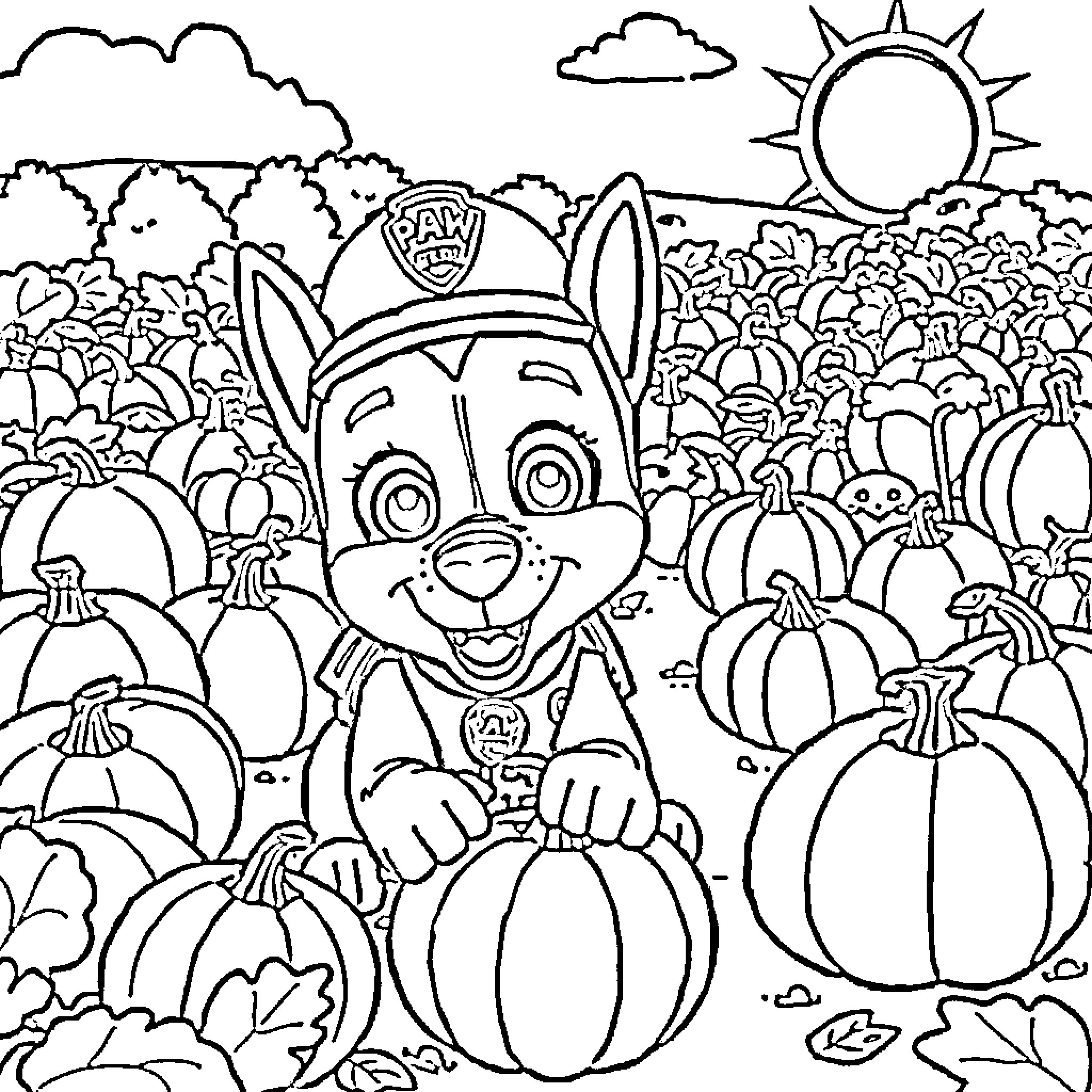 Paw Patrol character in a pumpkin patch Coloring Page (free black-and-white line drawing printable PDF for all, from beginners to advanced learners, including children, teens, adults, and seniors)
