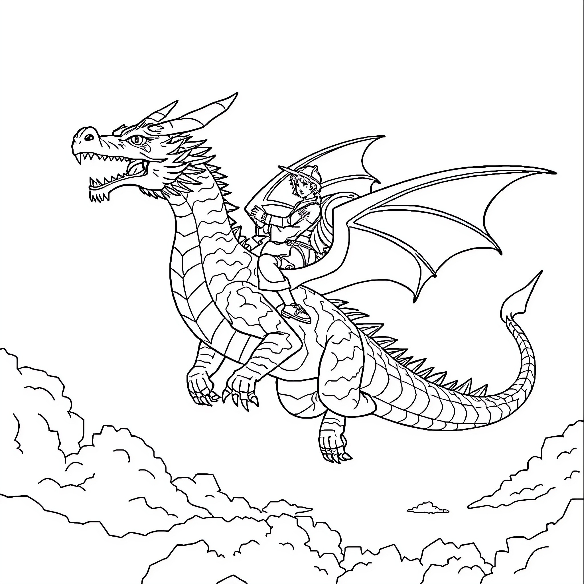 Dragon and Rider Soar Through the Skies Coloring Page (free black-and-white line drawing printable PDF for all, from beginners to advanced learners, including children, teens, adults, and seniors)