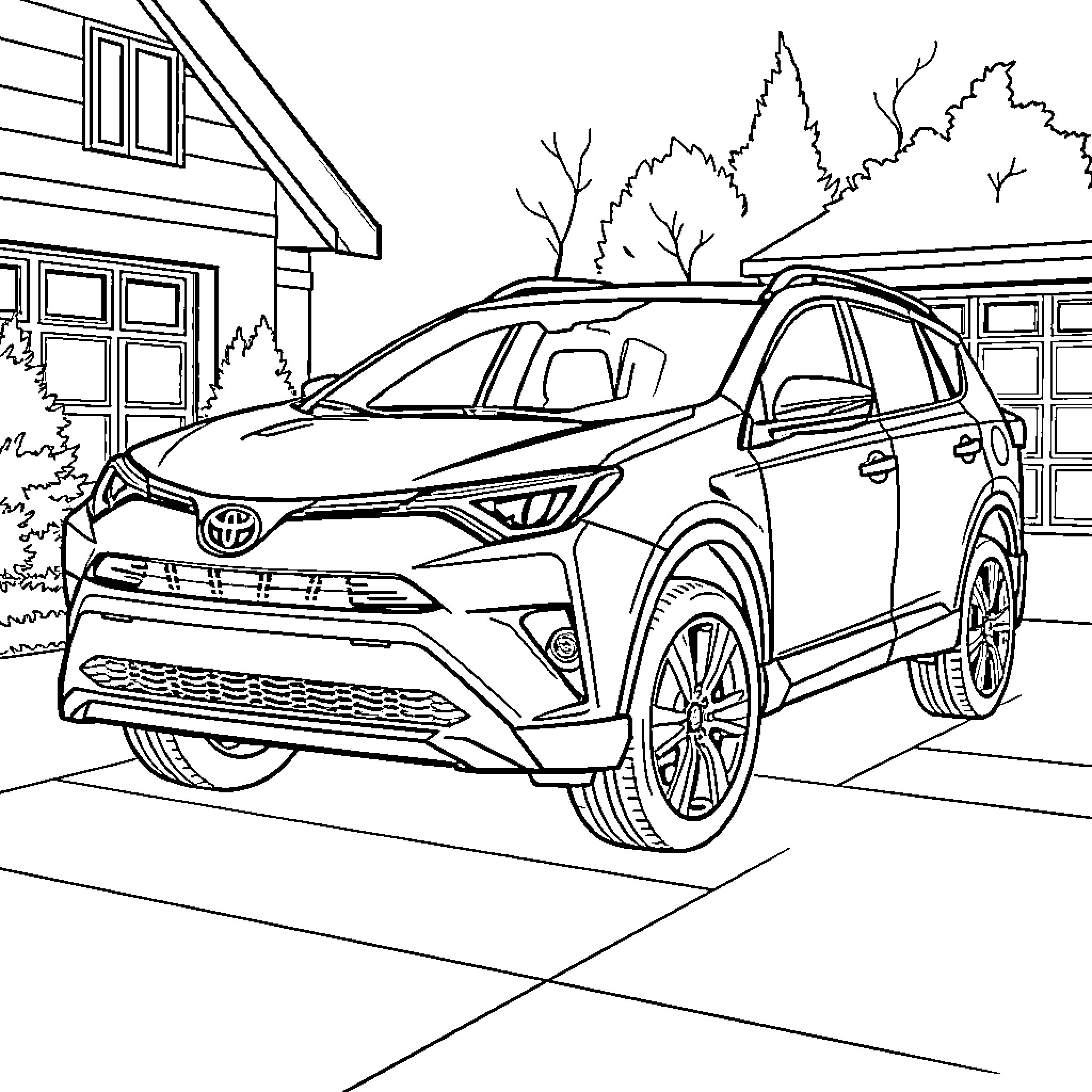 Toyota RAV4 parked in front of house Coloring Page (free black-and-white line drawing printable PDF for all, from beginners to advanced learners, including children, teens, adults, and seniors)
