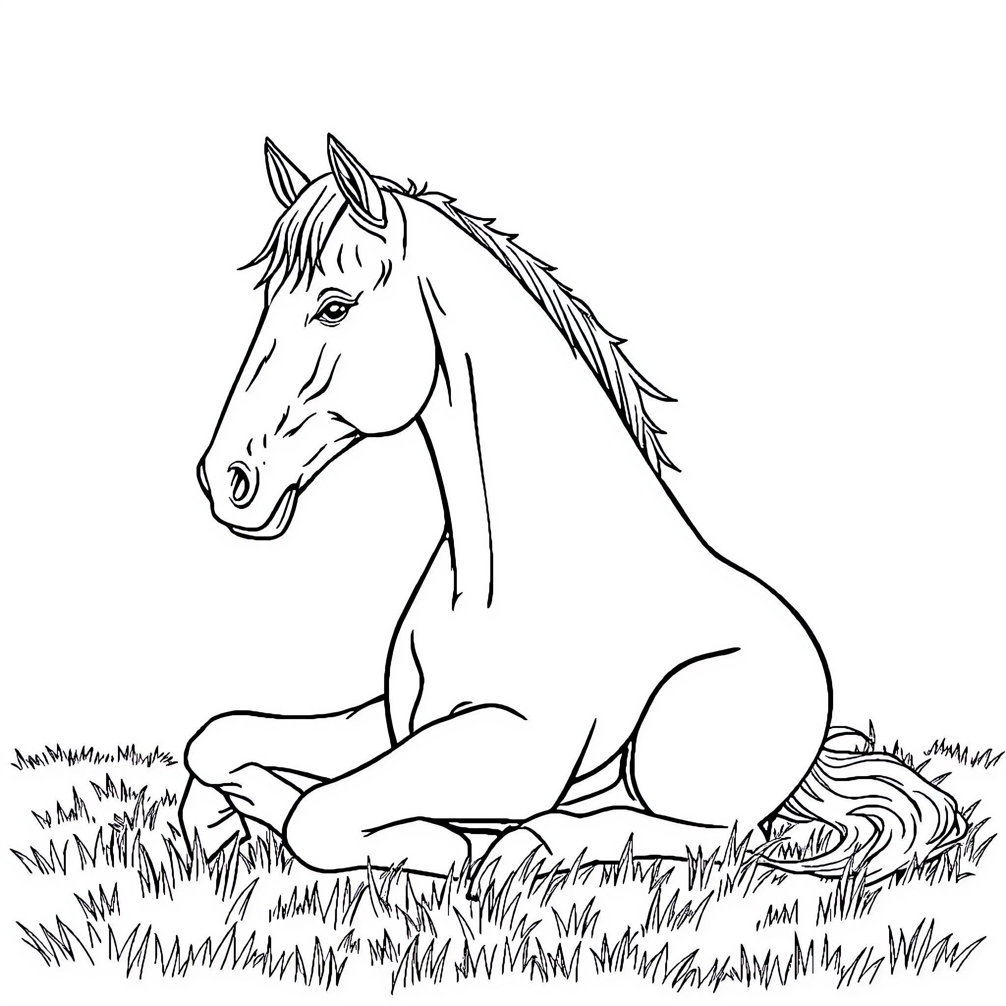 Horse resting peacefully in the meadow Coloring Page (free black-and-white line drawing printable PDF for all, from beginners to advanced learners, including children, teens, adults, and seniors)