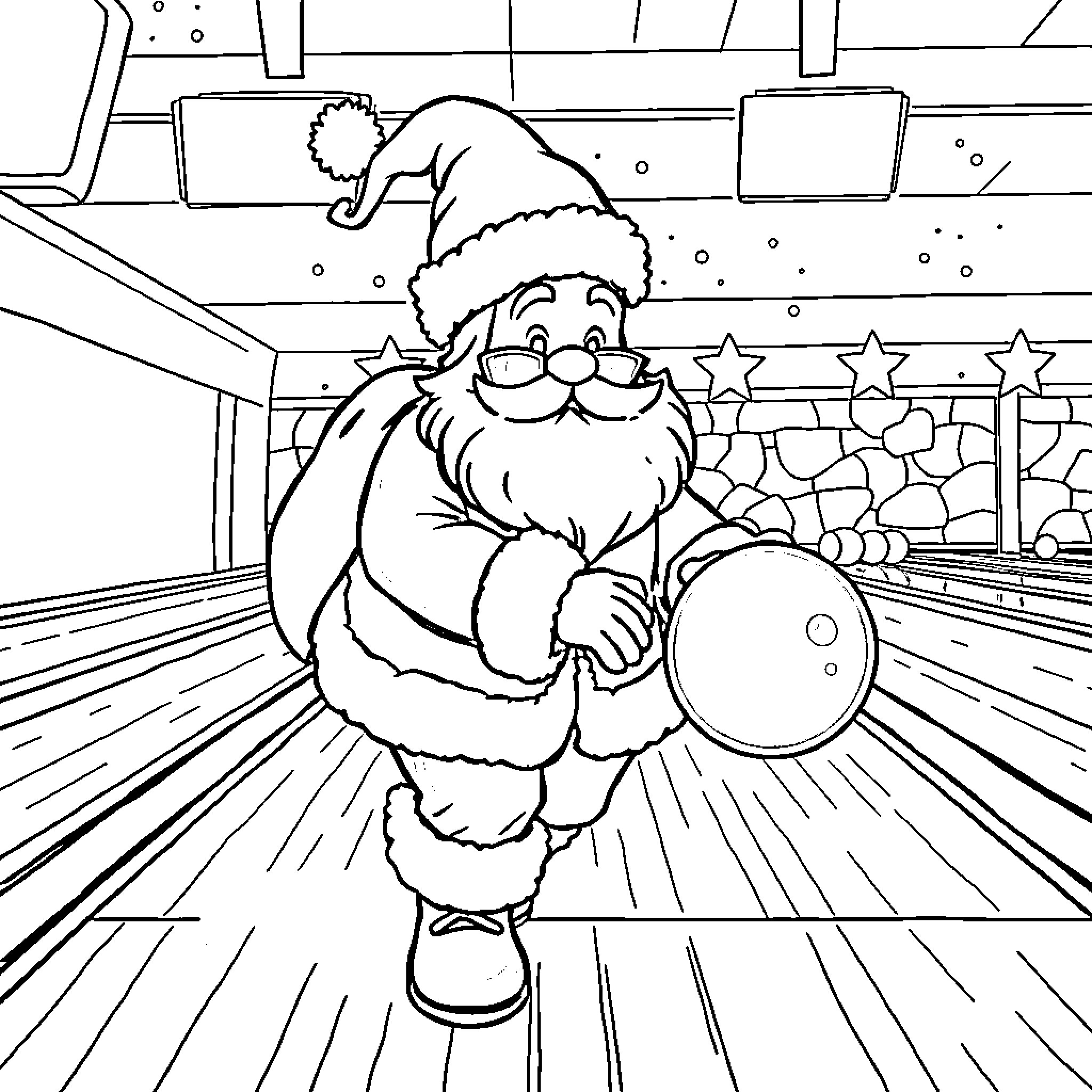 Santa Claus Bowling Joyfully in the Winter Wonderland Coloring Page (free black-and-white line drawing printable PDF for all, from beginners to advanced learners, including children, teens, adults, and seniors)