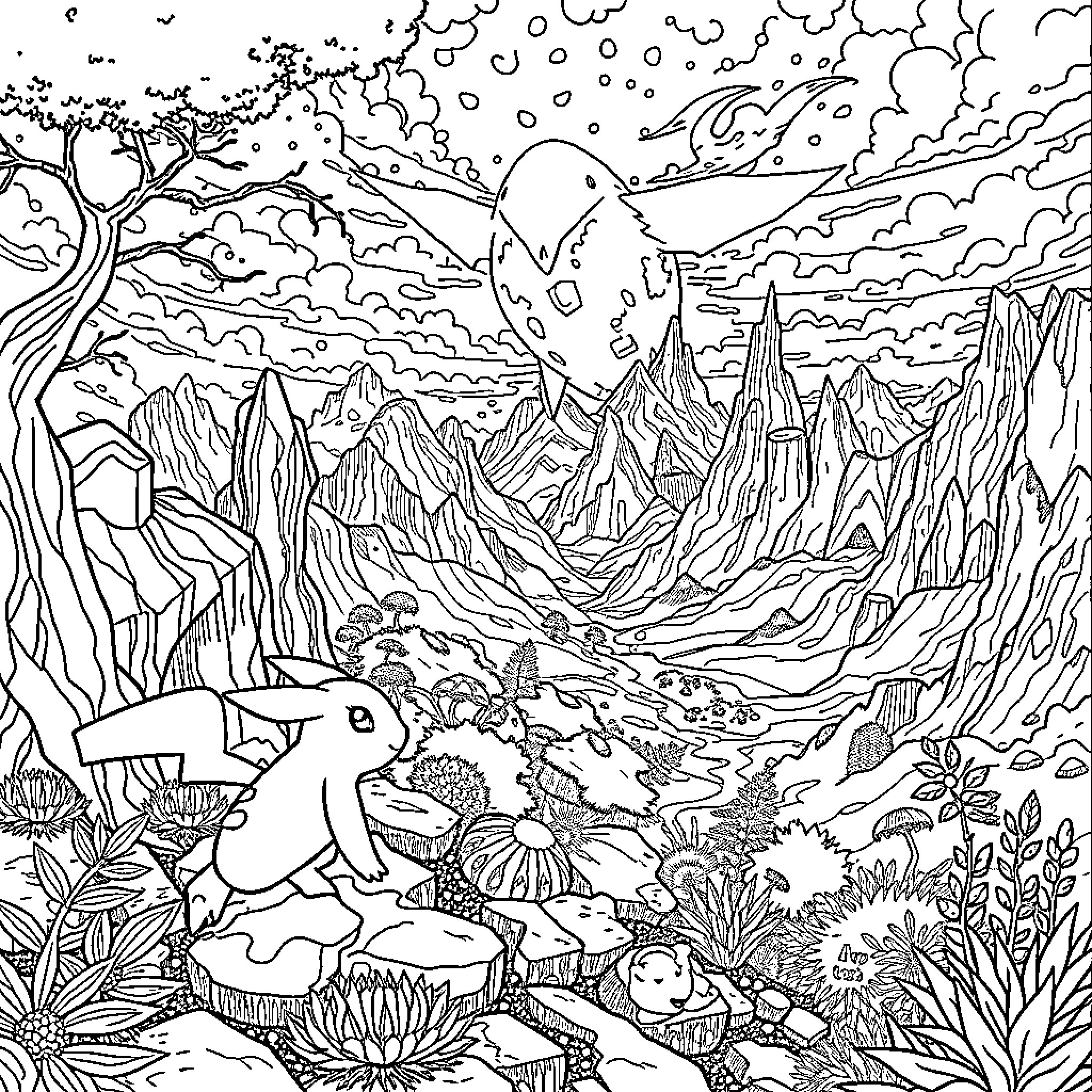 Pokémon in a Fantastical Landscape Coloring Page (free black-and-white line drawing printable PDF for all, from beginners to advanced learners, including children, teens, adults, and seniors)