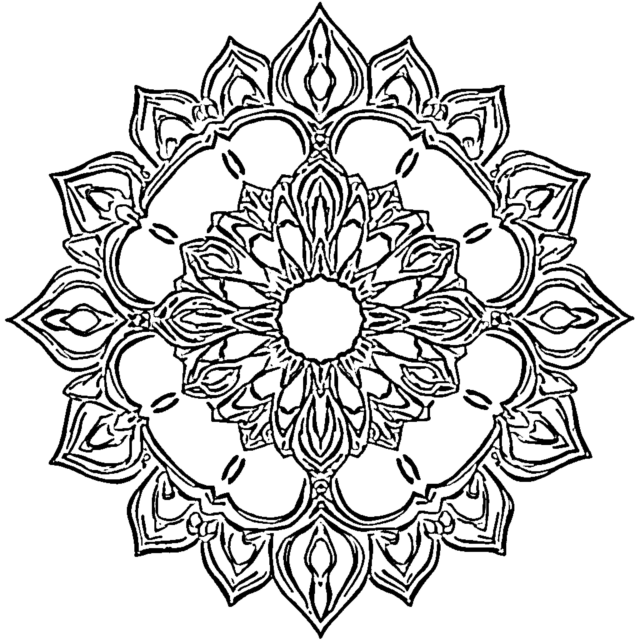 Mandala with intricate floral design and symmetry Coloring Page (free black-and-white line drawing printable PDF for all, from beginners to advanced learners, including children, teens, adults, and seniors)