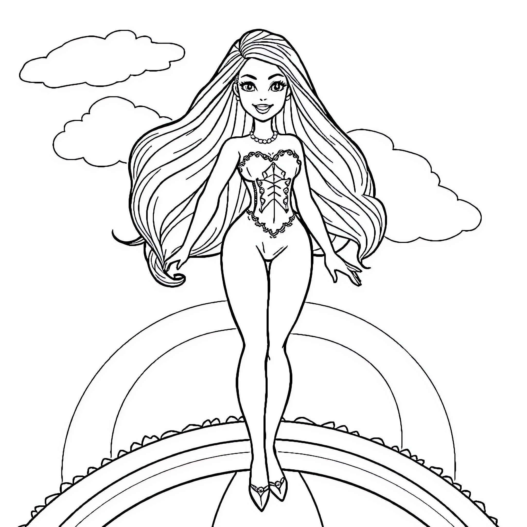 Barbie posing confidently in a magical setting Coloring Page (free black-and-white line drawing printable PDF for all, from beginners to advanced learners, including children, teens, adults, and seniors)