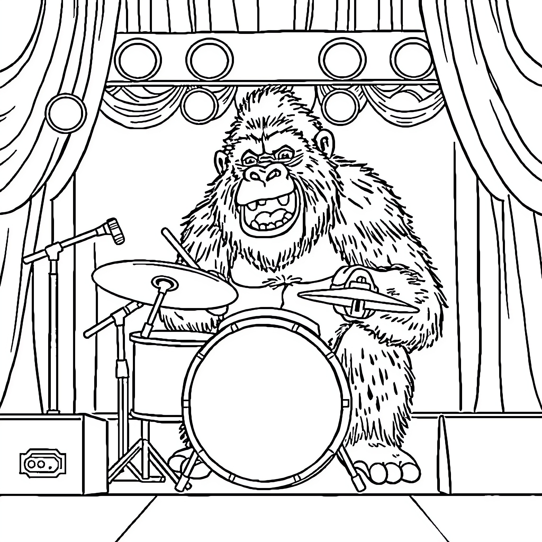 Gorilla drummer performing on stage Coloring Page (free black-and-white line drawing printable PDF for all, from beginners to advanced learners, including children, teens, adults, and seniors)