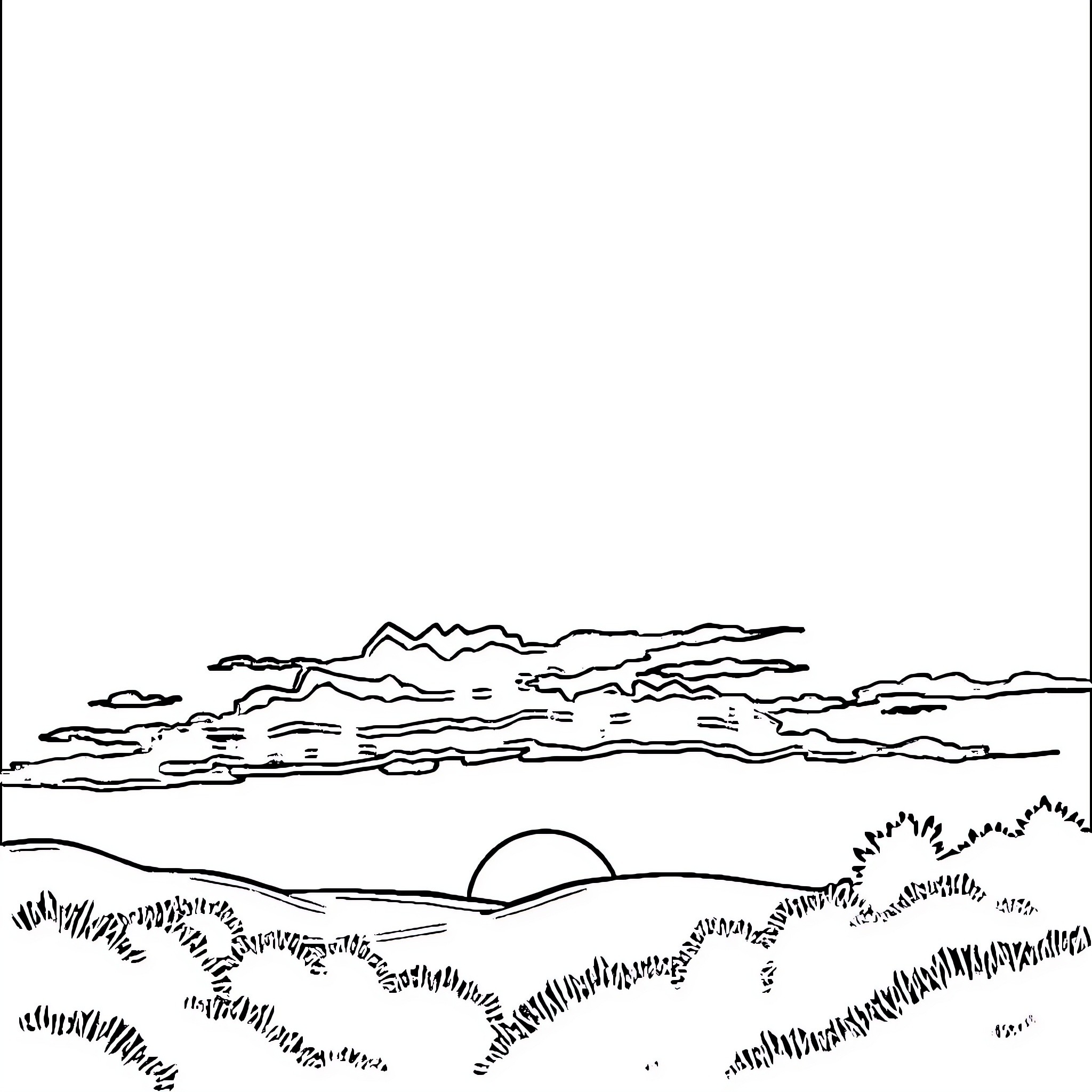Twilight landscape with clouds and sun Coloring Page (free black-and-white line drawing printable PDF for all, from beginners to advanced learners, including children, teens, adults, and seniors)
