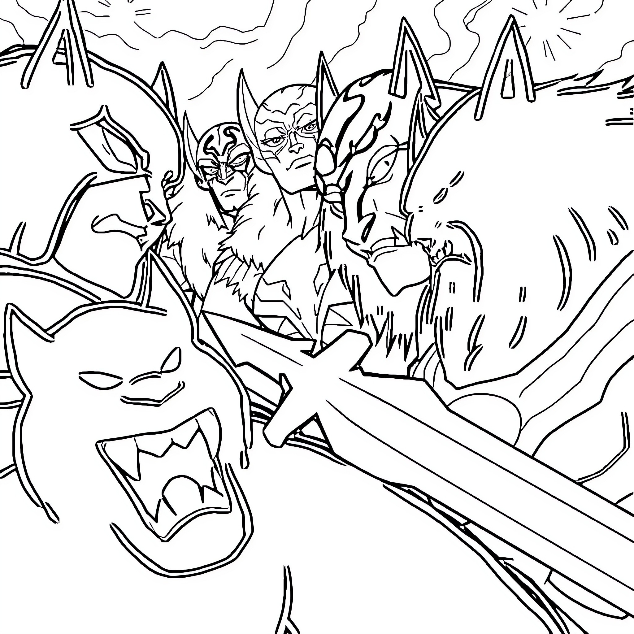 Thundercats battling fierce creatures in a chaotic landscape Coloring Page (free black-and-white line drawing printable PDF for all, from beginners to advanced learners, including children, teens, adults, and seniors)
