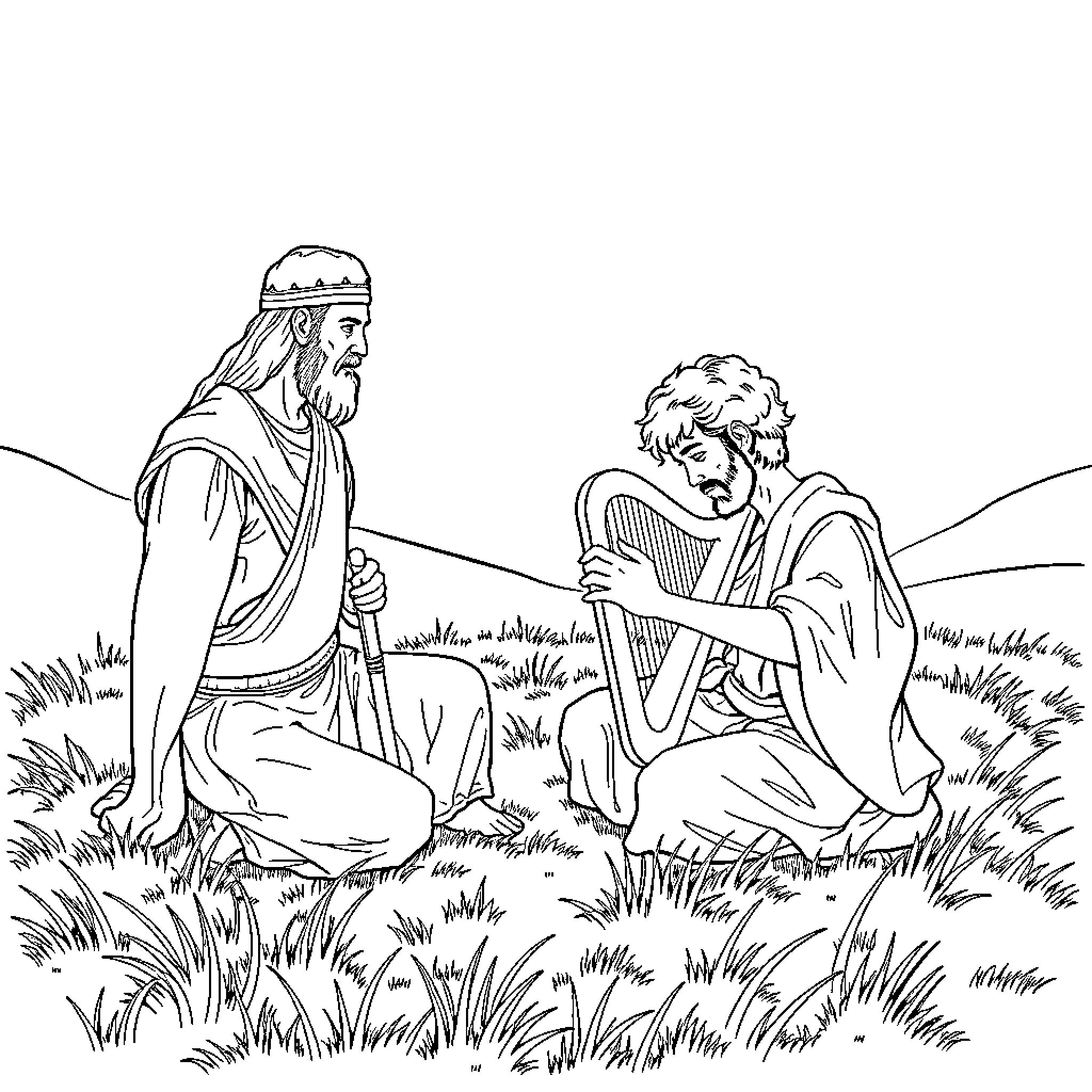 David's Encounter with a Harpist in the Wilderness Coloring Page (free black-and-white line drawing printable PDF for all, from beginners to advanced learners, including children, teens, adults, and seniors)