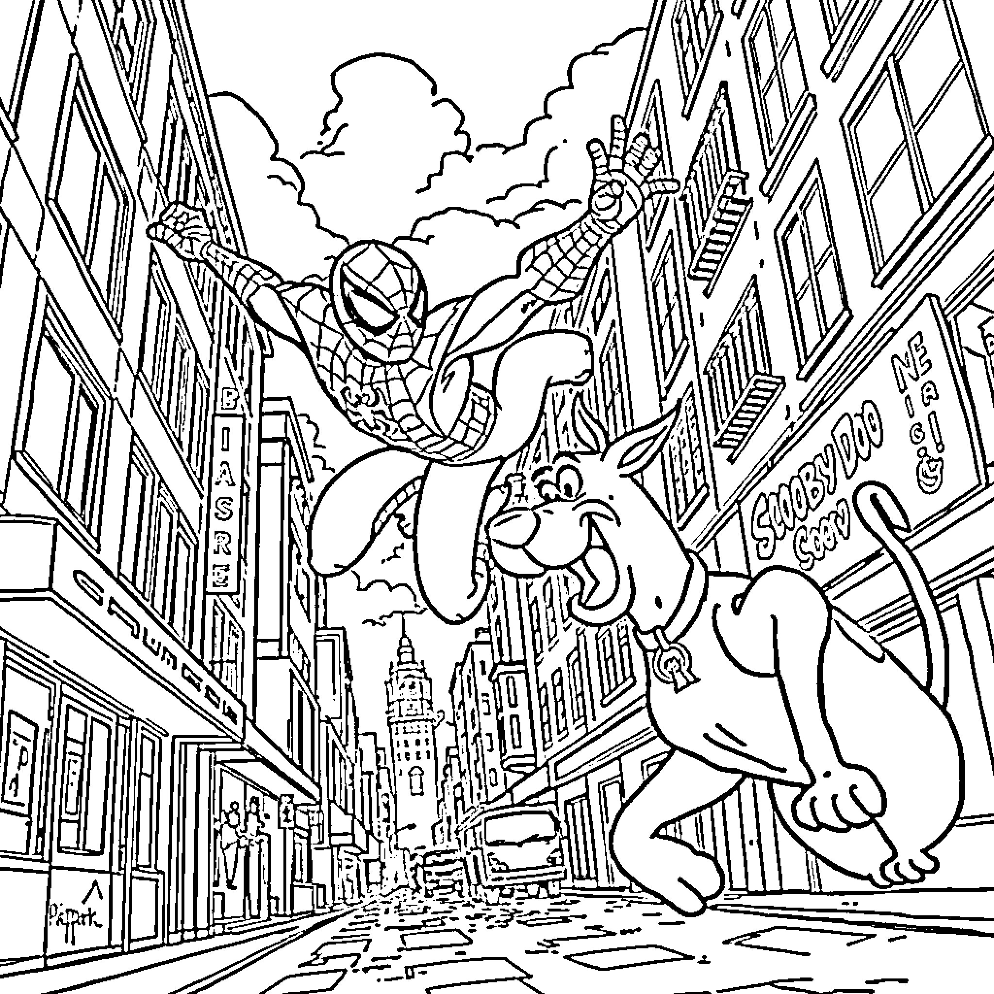 Spiderman swinging through the city with a friendly dog Coloring Page (free black-and-white line drawing printable PDF for all, from beginners to advanced learners, including children, teens, adults, and seniors)