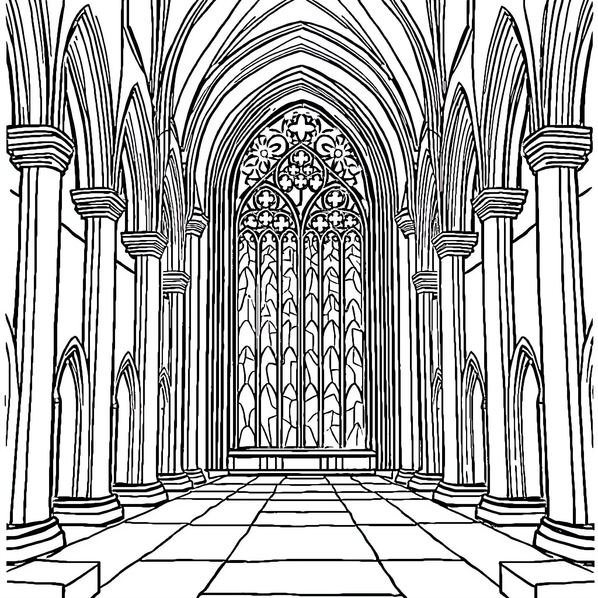 Cathedral's Ornate Gothic Archway and Columns Coloring Page (free black-and-white line drawing printable PDF for all, from beginners to advanced learners, including children, teens, adults, and seniors)