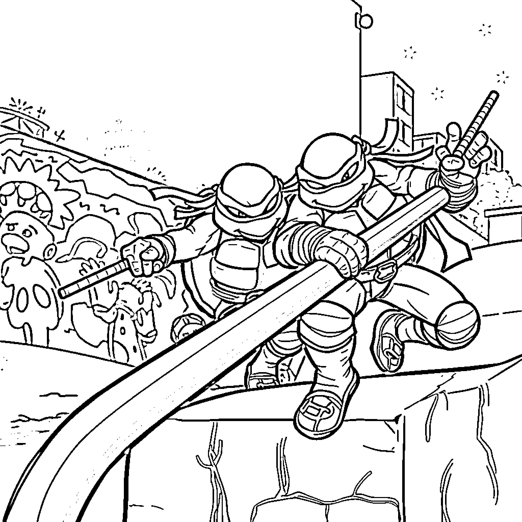 Ninja Turtle Combating Villains in Cityscape Coloring Page (free black-and-white line drawing printable PDF for all, from beginners to advanced learners, including children, teens, adults, and seniors)