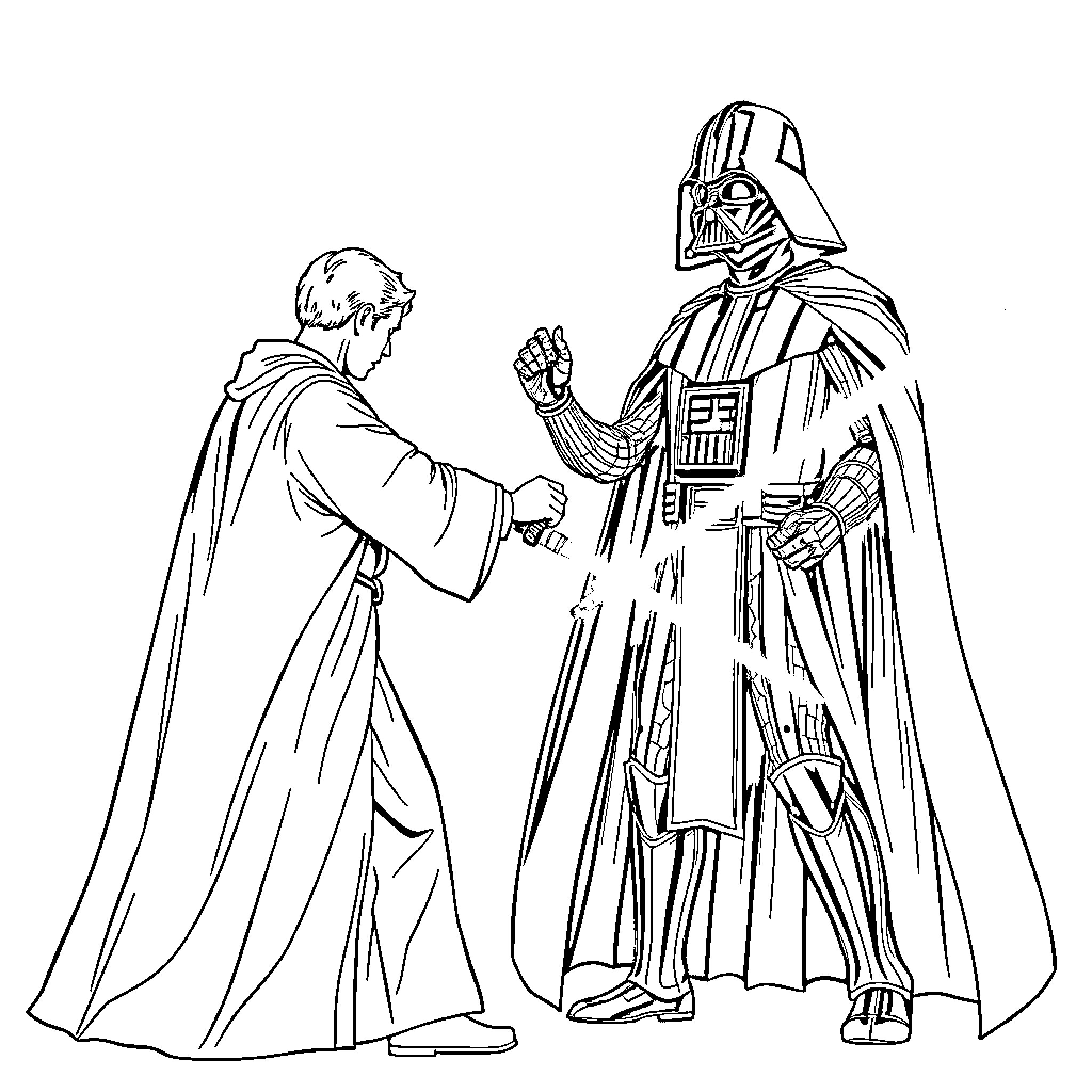Jedi Master and Apprentice in Solemn Dialogue Coloring Page (free black-and-white line drawing printable PDF for all, from beginners to advanced learners, including children, teens, adults, and seniors)