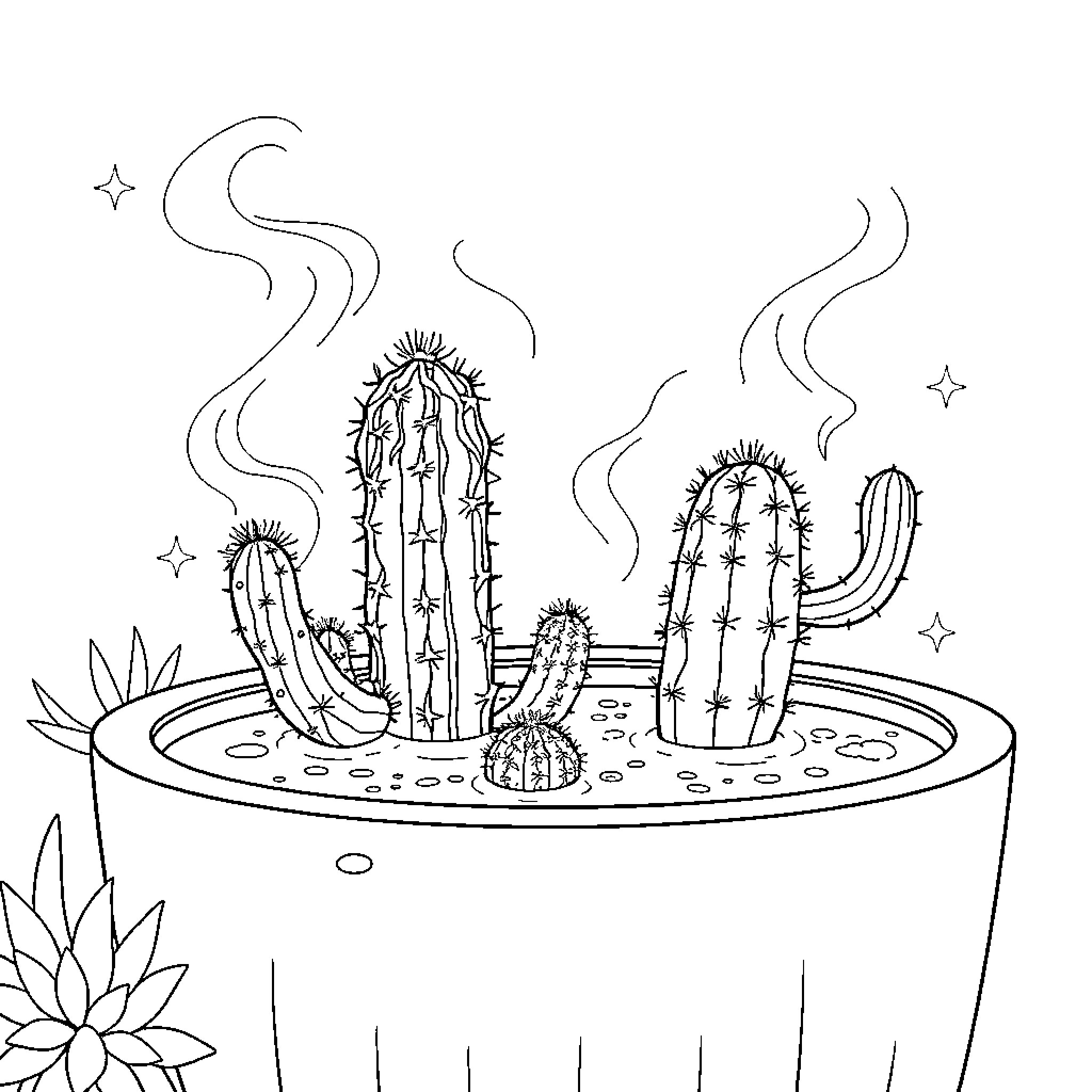 Cactus garden with whimsical shapes and patterns Coloring Page (free black-and-white line drawing printable PDF for all, from beginners to advanced learners, including children, teens, adults, and seniors)