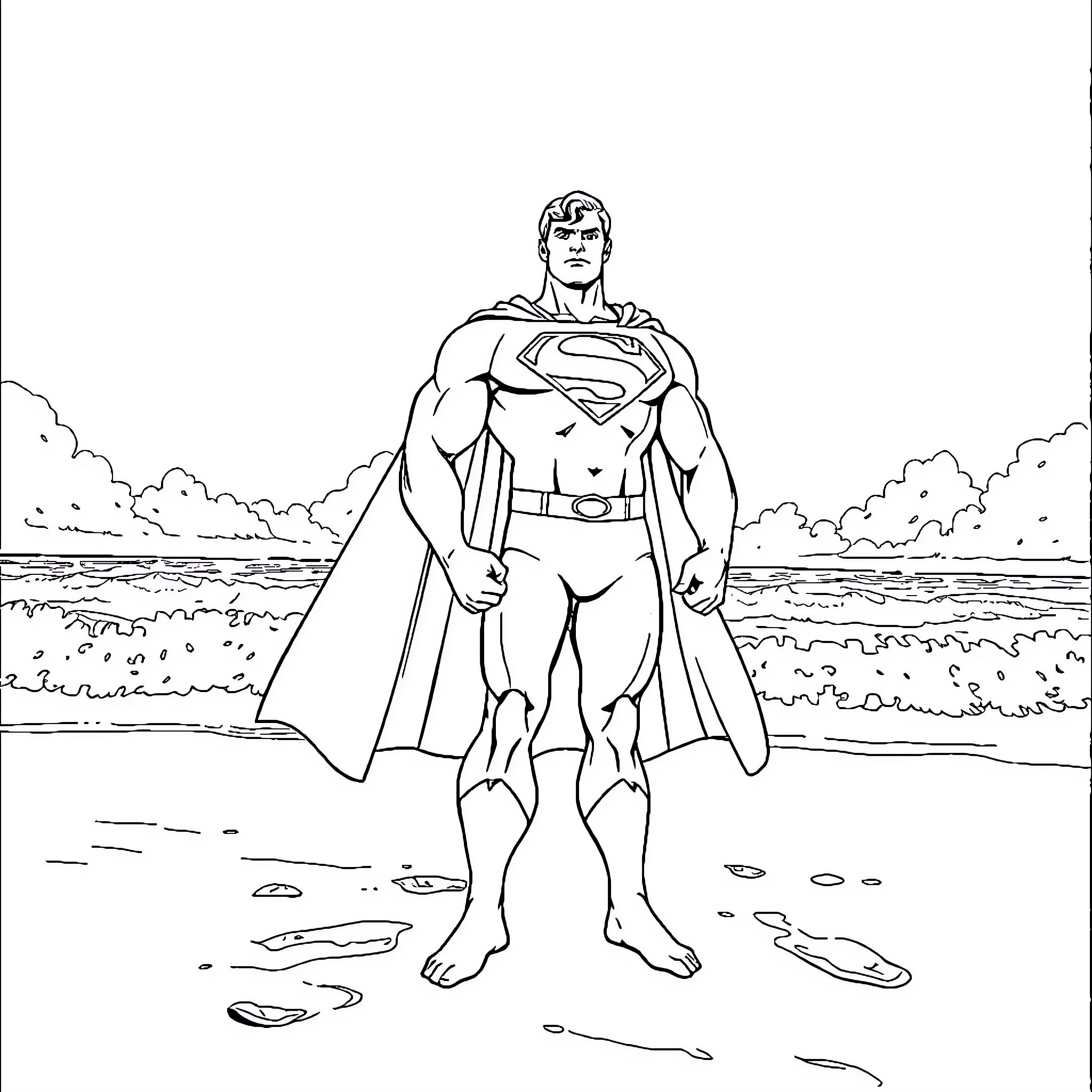 Superman standing heroically on the beach Coloring Page (free black-and-white line drawing printable PDF for all, from beginners to advanced learners, including children, teens, adults, and seniors)