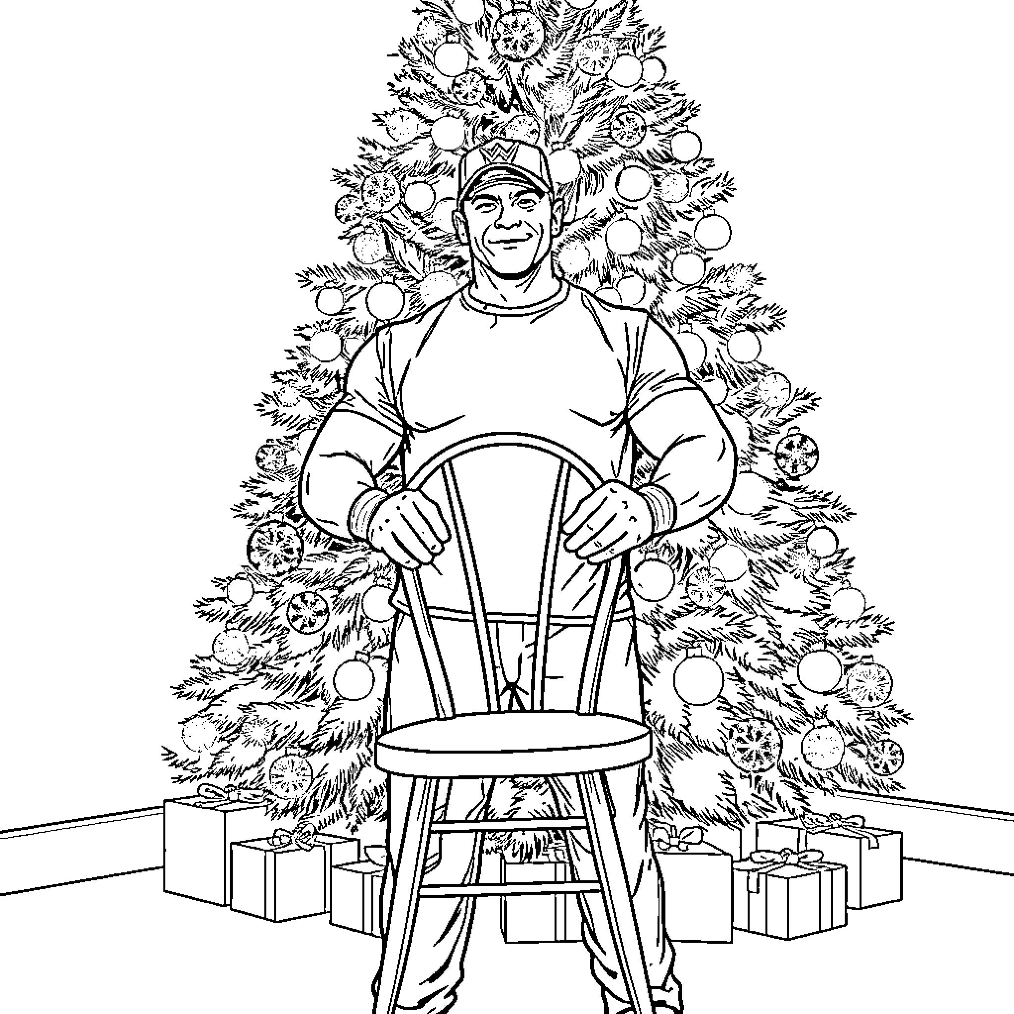John Cena surrounded by festive decor and gifts Coloring Page (free black-and-white line drawing printable PDF for all, from beginners to advanced learners, including children, teens, adults, and seniors)