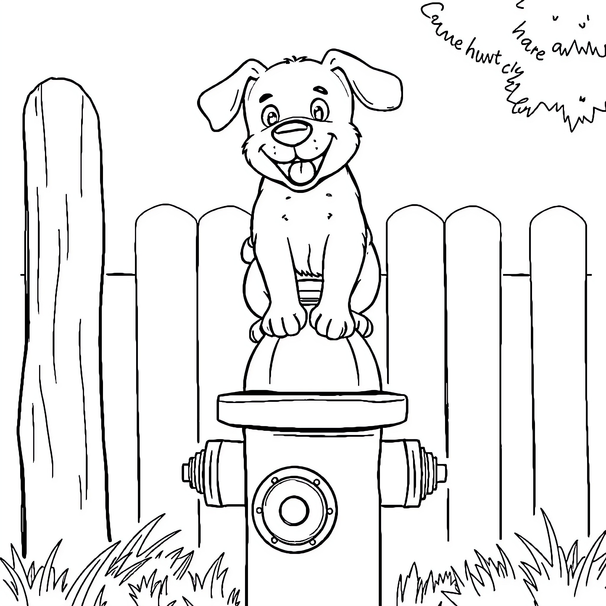 Dog happily sitting on a fire hydrant Coloring Page (free black-and-white line drawing printable PDF for all, from beginners to advanced learners, including children, teens, adults, and seniors)
