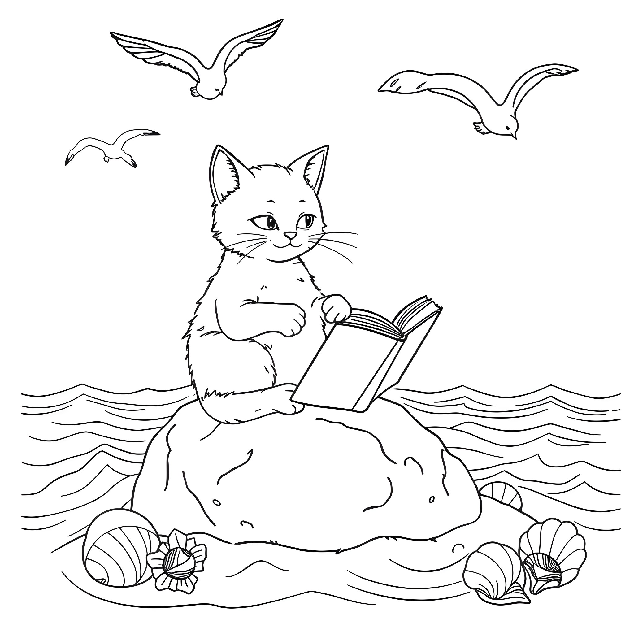 Cat reading book on the beach Coloring Page (free black-and-white line drawing printable PDF for all, from beginners to advanced learners, including children, teens, adults, and seniors)