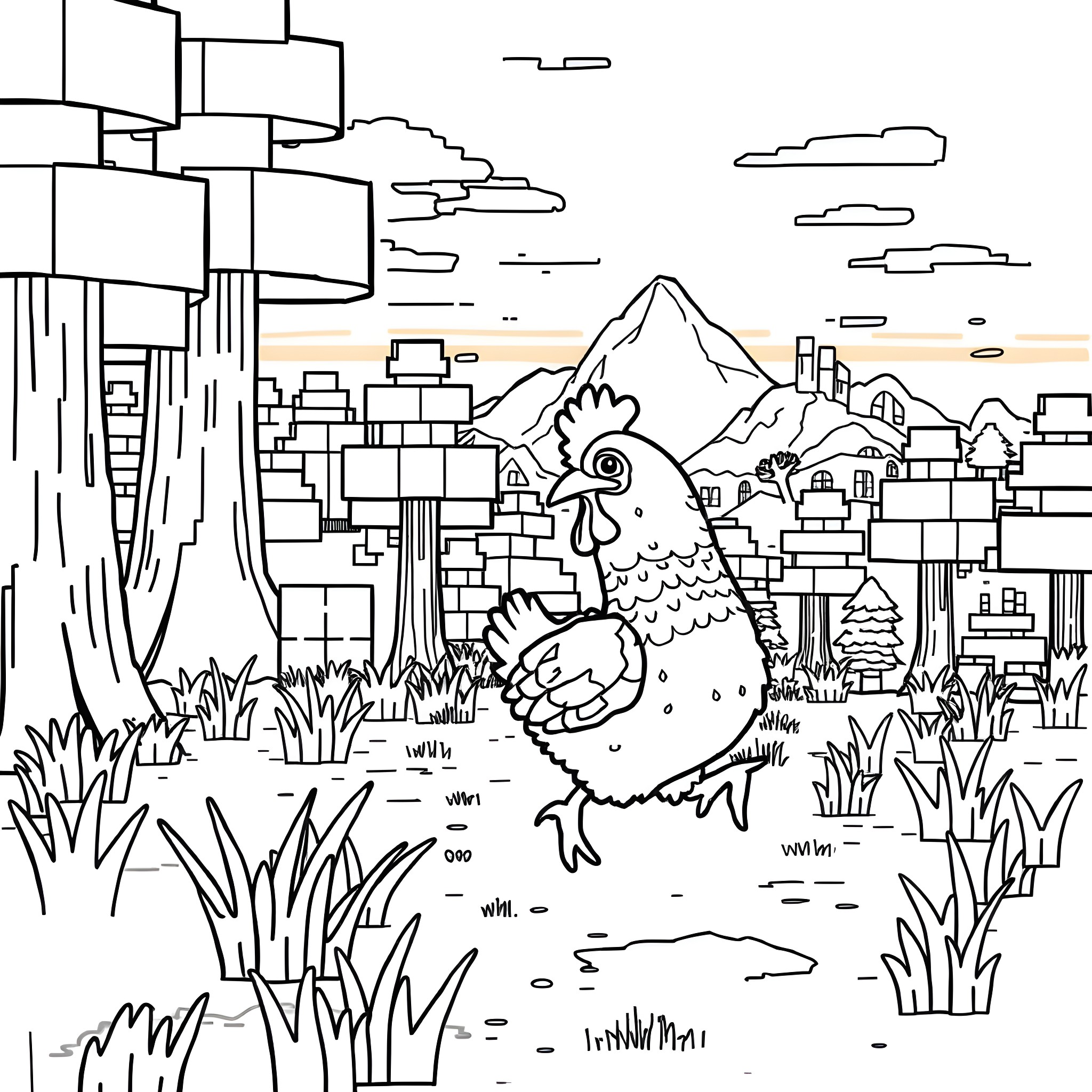 Chicken exploring a cityscape landscape Coloring Page (free black-and-white line drawing printable PDF for all, from beginners to advanced learners, including children, teens, adults, and seniors)