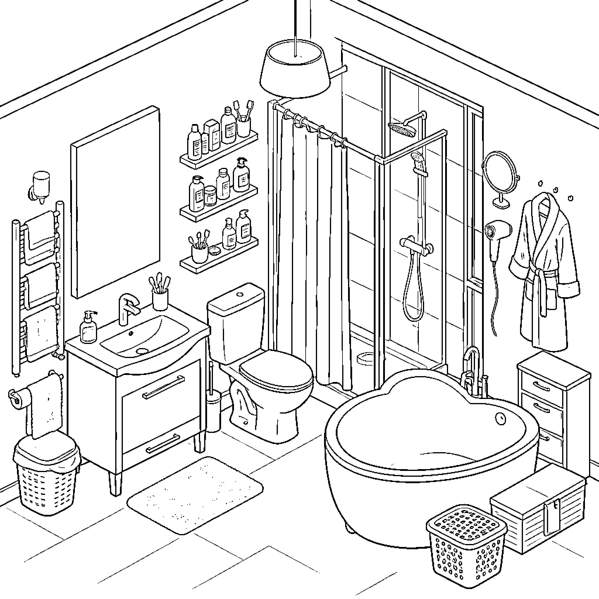 Bathroom with various cleaning supplies and toiletries Coloring Page (free black-and-white line drawing printable PDF for all, from beginners to advanced learners, including children, teens, adults, and seniors)