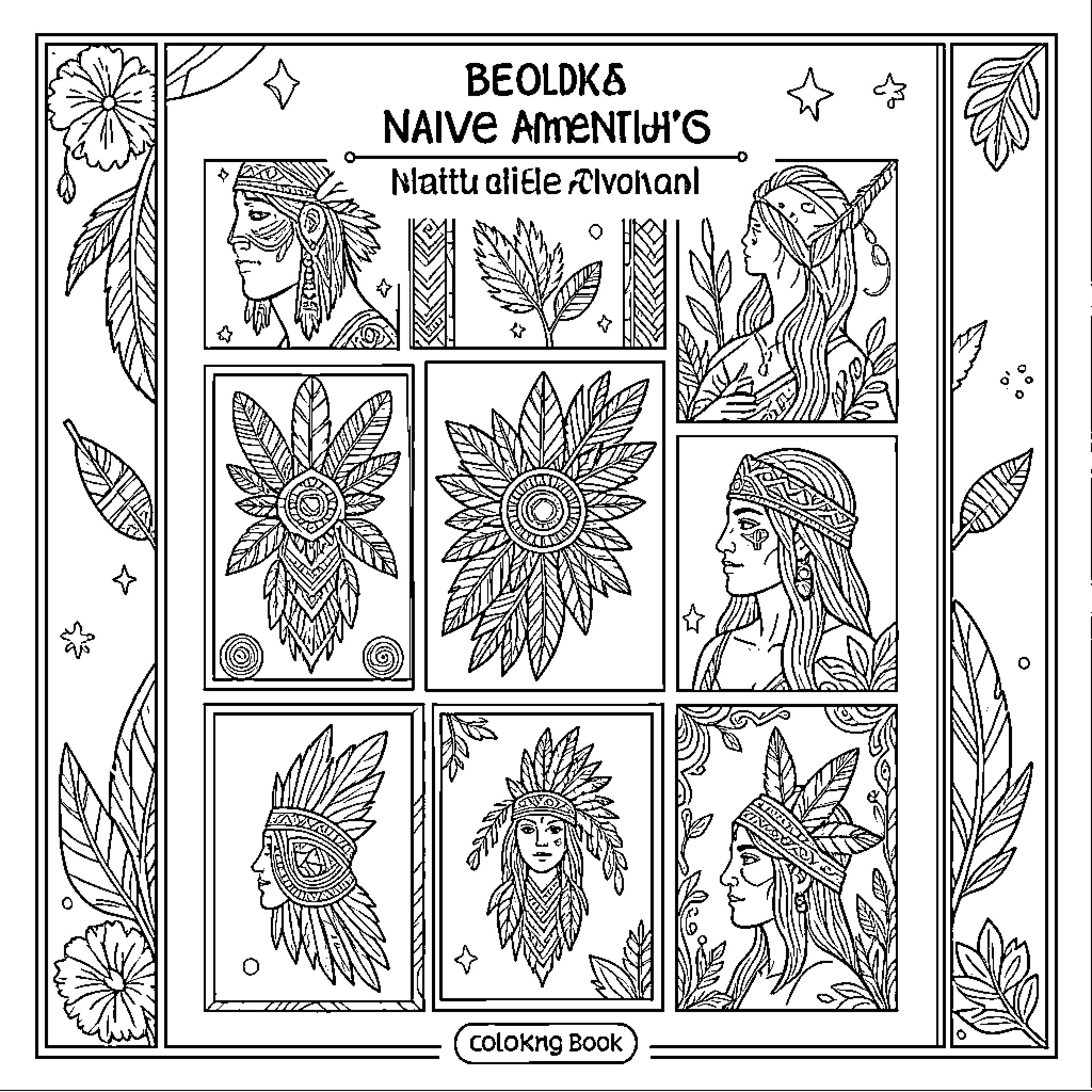 Native American Motifs and Headdresses in Coloring Book Coloring Page (free black-and-white line drawing printable PDF for all, from beginners to advanced learners, including children, teens, adults, and seniors)