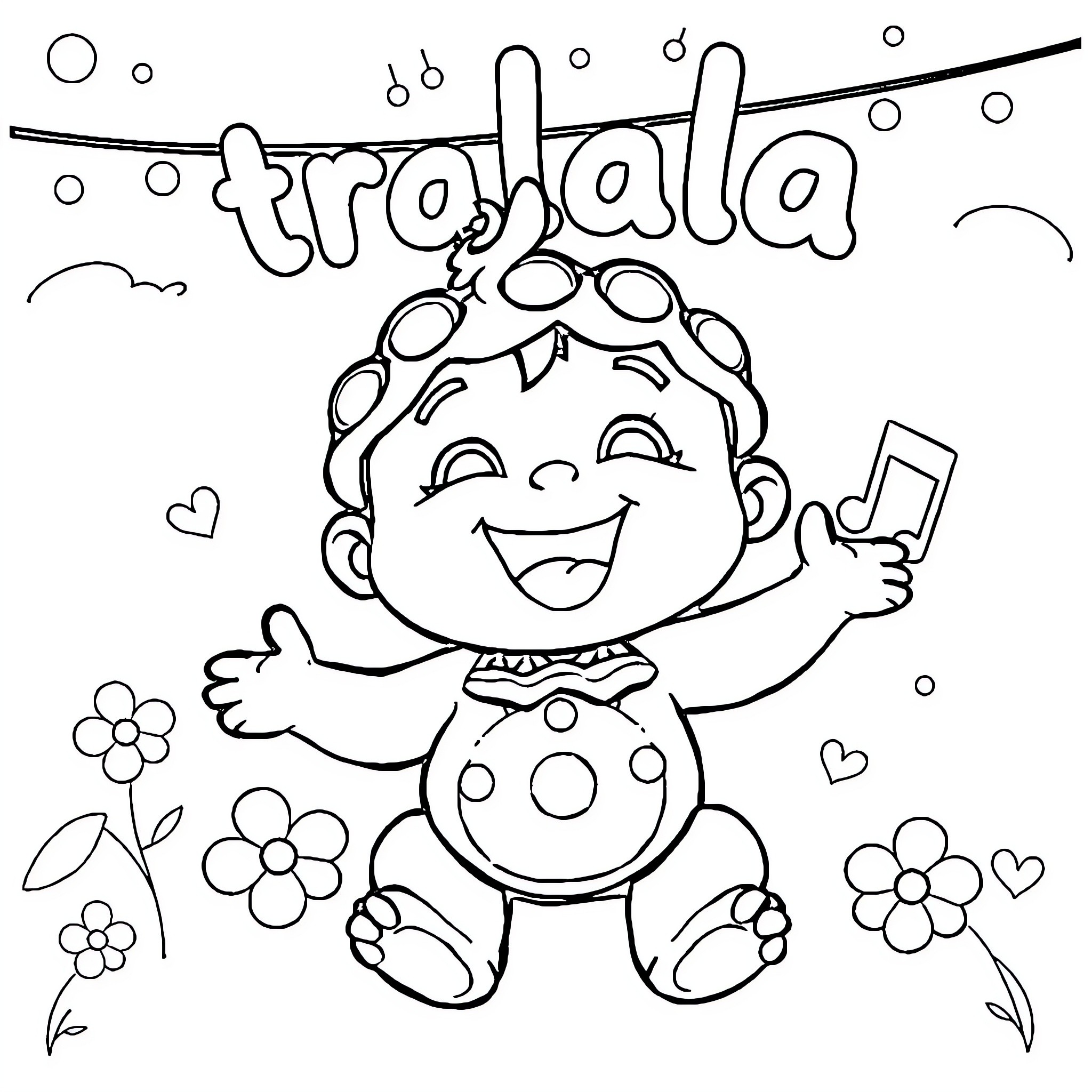 Baby happily dancing and singing Coloring Page (free black-and-white line drawing printable PDF for all, from beginners to advanced learners, including children, teens, adults, and seniors)