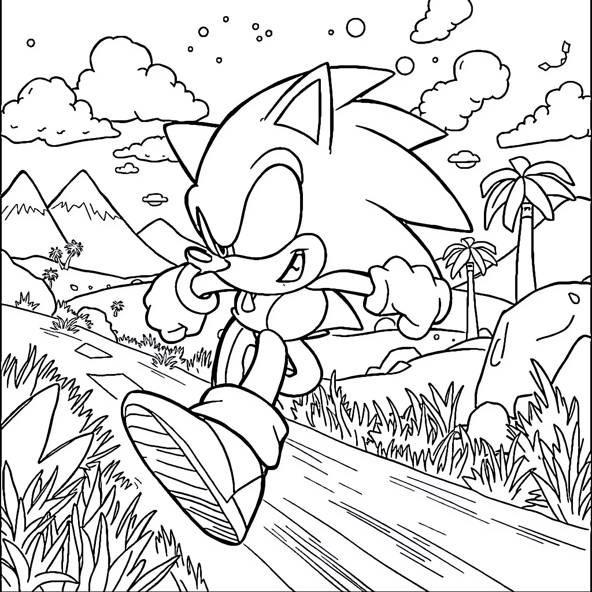 Sonic running through the lush jungle landscape Coloring Page (free black-and-white line drawing printable PDF for all, from beginners to advanced learners, including children, teens, adults, and seniors)
