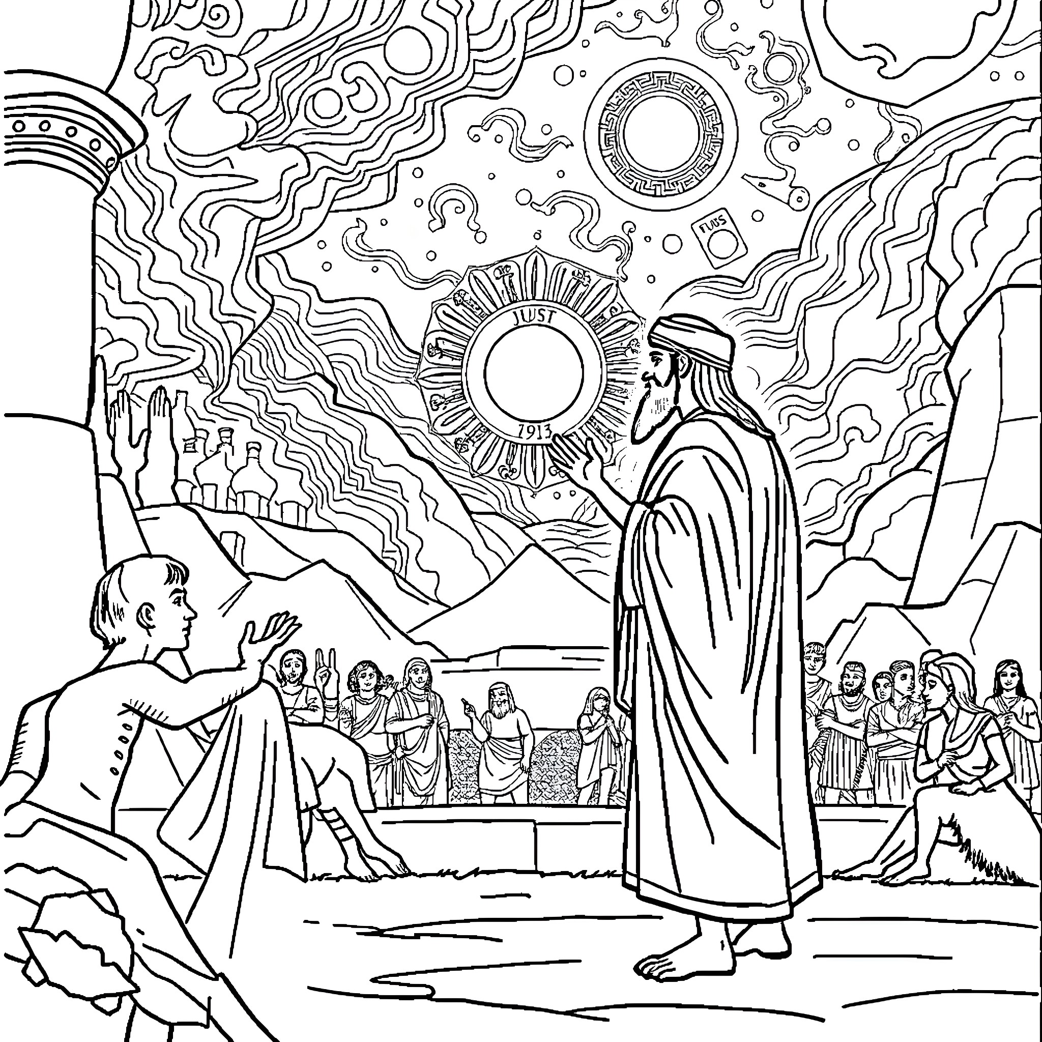 Joseph's Prophetic Vision of the Sun, Moon, and Stars Coloring Page (free black-and-white line drawing printable PDF for all, from beginners to advanced learners, including children, teens, adults, and seniors)