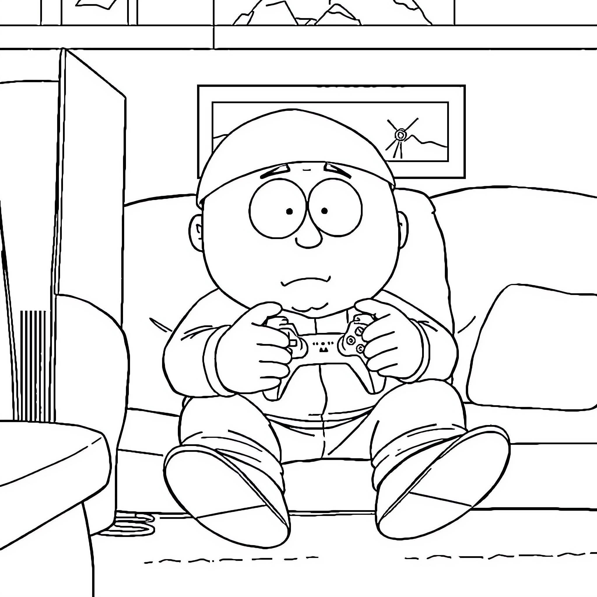 Cartman playing video games alone at home Coloring Page (free black-and-white line drawing printable PDF for all, from beginners to advanced learners, including children, teens, adults, and seniors)