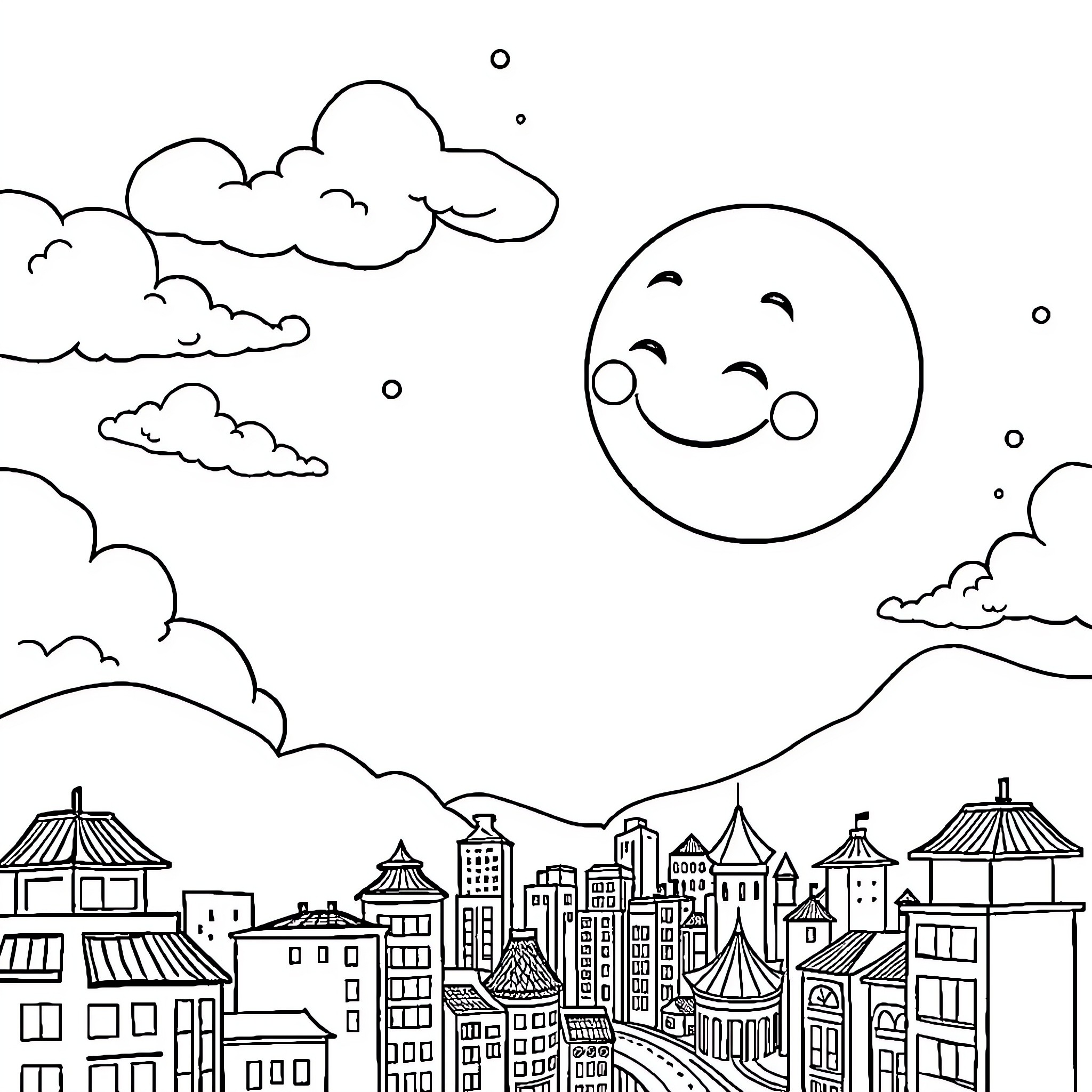 Mr. Moon smiling over the happy city Coloring Page (free black-and-white line drawing printable PDF for all, from beginners to advanced learners, including children, teens, adults, and seniors)