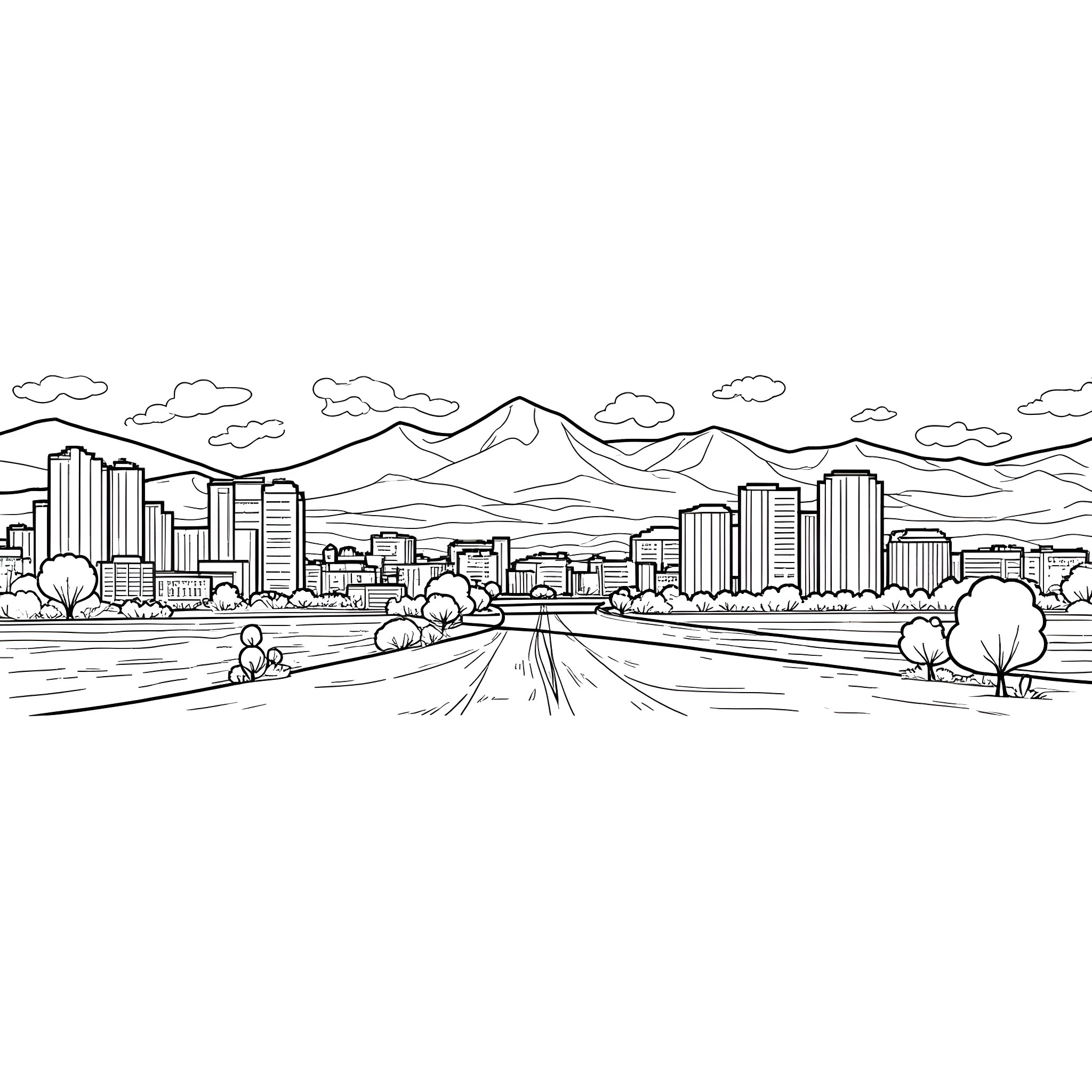 Reno's Urban Skyline Meets Rugged Terrain Coloring Page (free black-and-white line drawing printable PDF for all, from beginners to advanced learners, including children, teens, adults, and seniors)