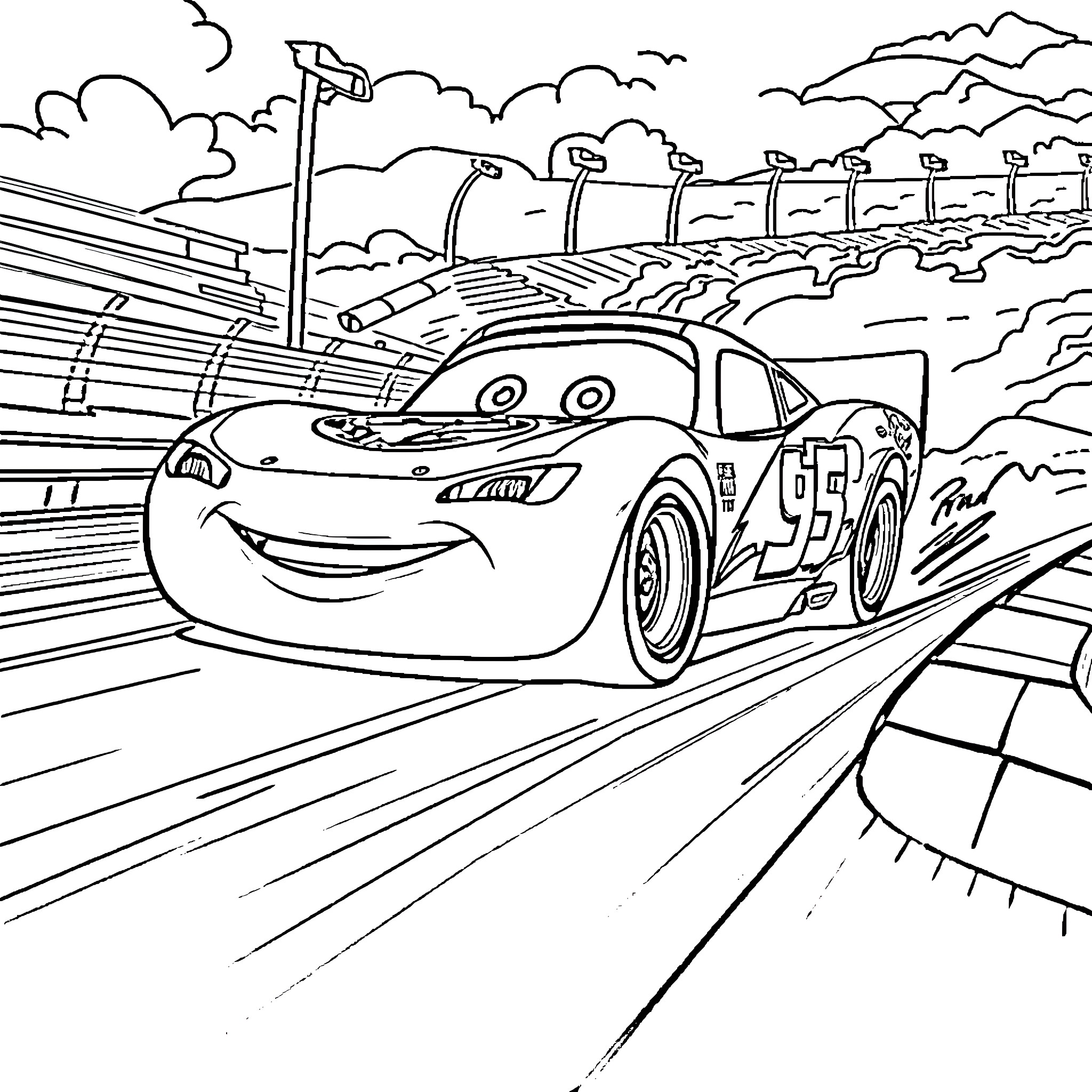 Lightning McQueen racing on the track with enthusiasm Coloring Page (free black-and-white line drawing printable PDF for all, from beginners to advanced learners, including children, teens, adults, and seniors)