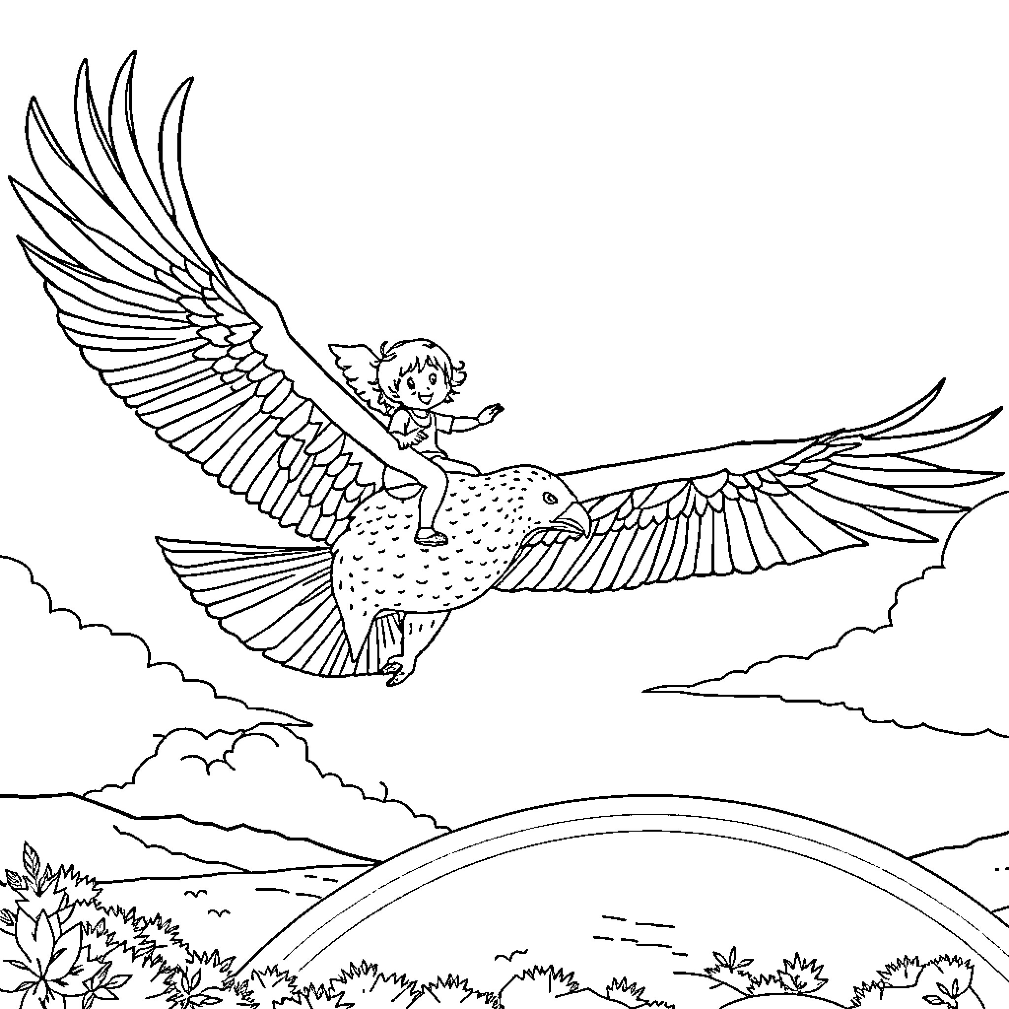Child soaring through the sky on a winged creature Coloring Page (free black-and-white line drawing printable PDF for all, from beginners to advanced learners, including children, teens, adults, and seniors)